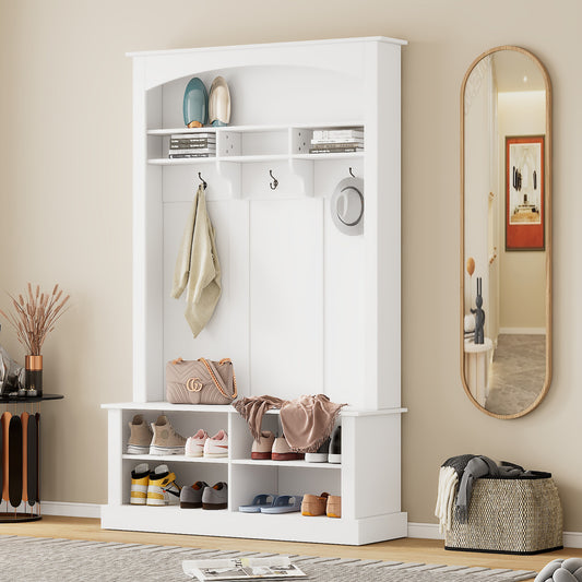 ON-TREND 47.2'' Wide Hall Tree with Bench and Shoe Storage, Multi-functional Storage Bench with 3 Hanging Hooks & Open Storage Space, Rectangle Storage & Shelves Coat Rack for Hallway, White