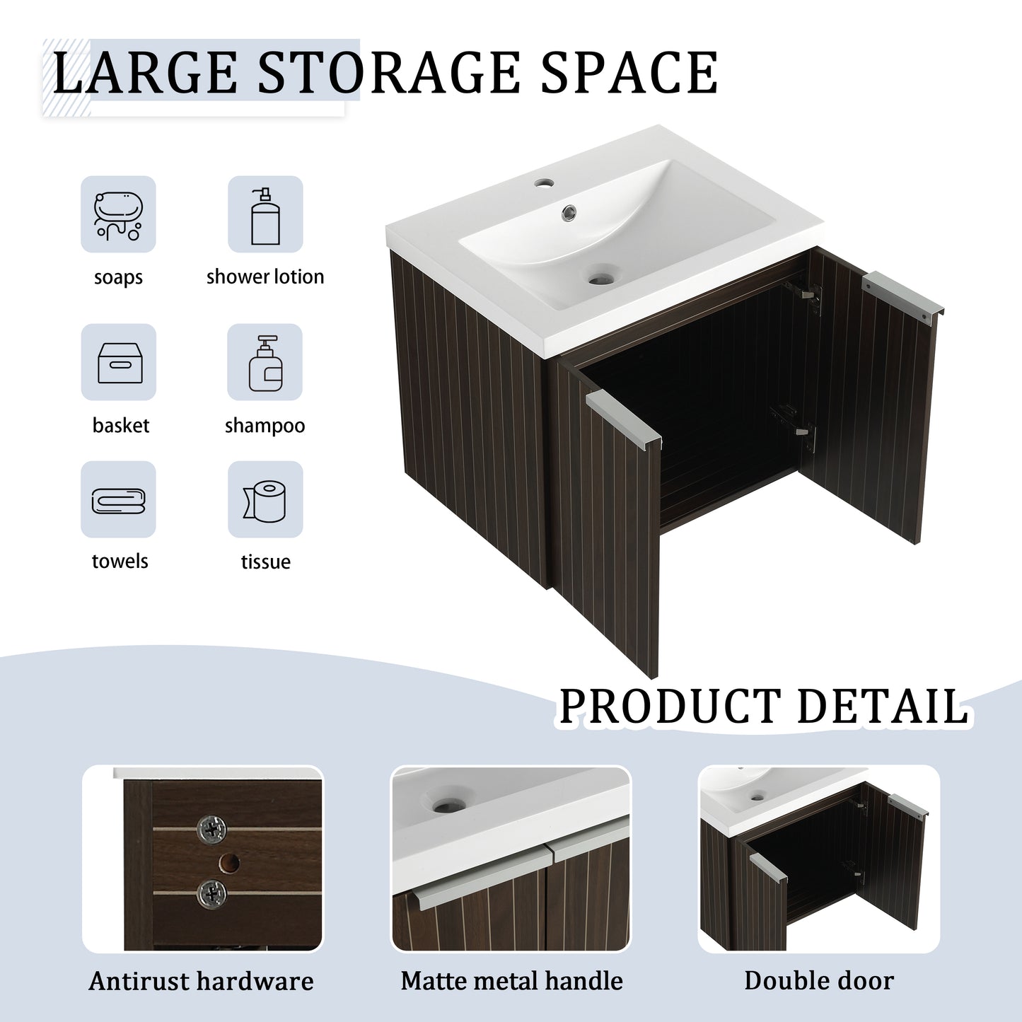 24 Inch Bathroom Cabinet With Resin Sink,Soft Close Doors,Float Mounting Design, For Small Bathroom