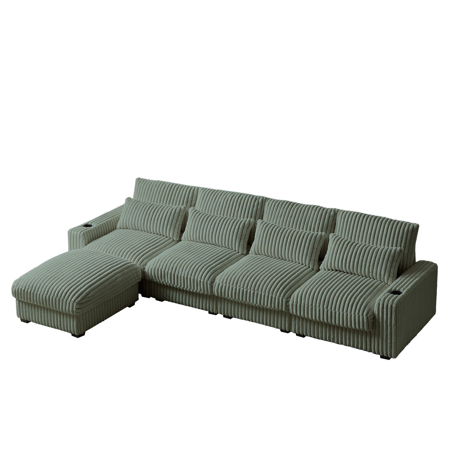 126-inch Corduroy With Cup Holder Super Large L-Shaped Sofa, Movable Footrest, Four Waist Pillows And Four Back Cushion, With USB Port And Type-C Port