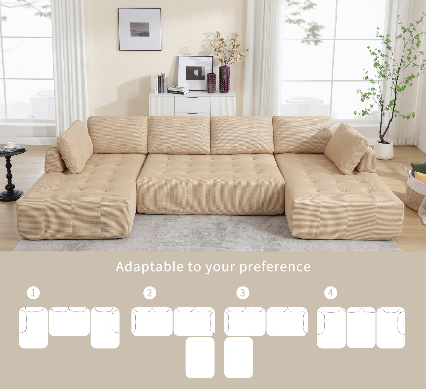 [NEW ARRIVED] [VIDEO PROVIDED]138.5 "Modular Combination Sofa, U-shaped Sofa, Living Room, Apartment, Upholstered ,6-seat Sofa, Free Combination Sofa (Mesh Fabric), Breathable Fabric, Khaki