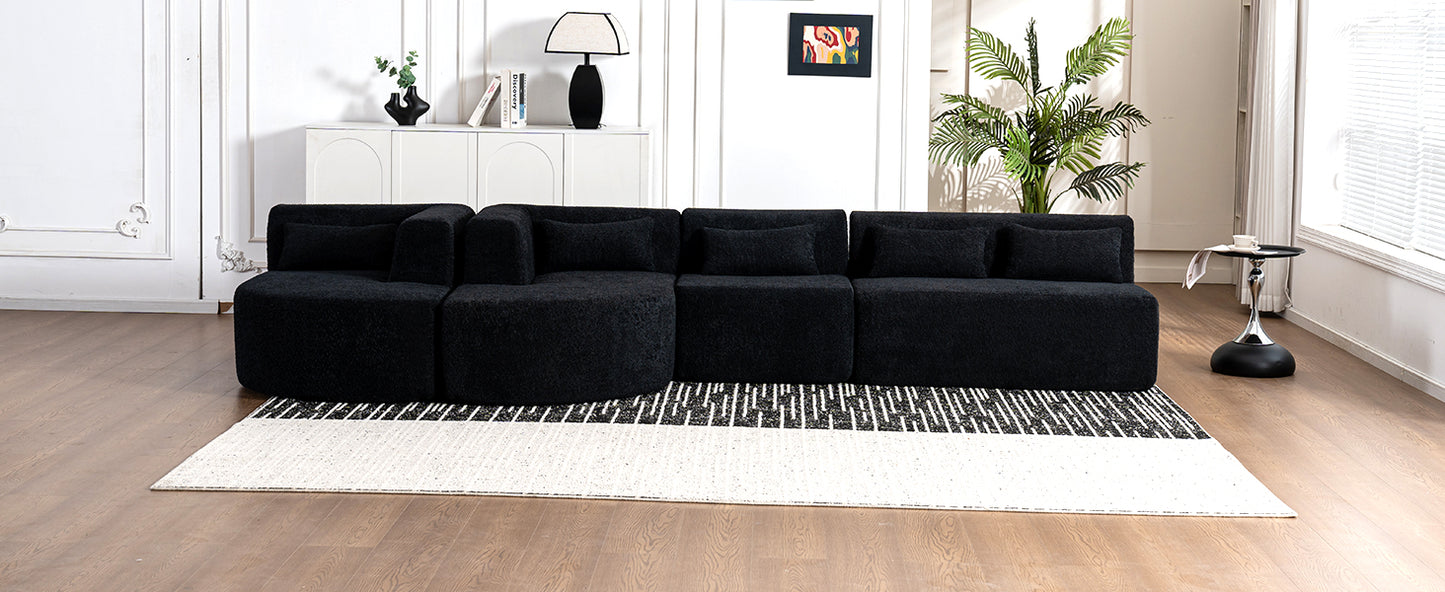 143.7" Upholstered Sofa Free-combined Sofa Couch with Two Chaise Lounge and Five Back Pillows for Living Room, Black