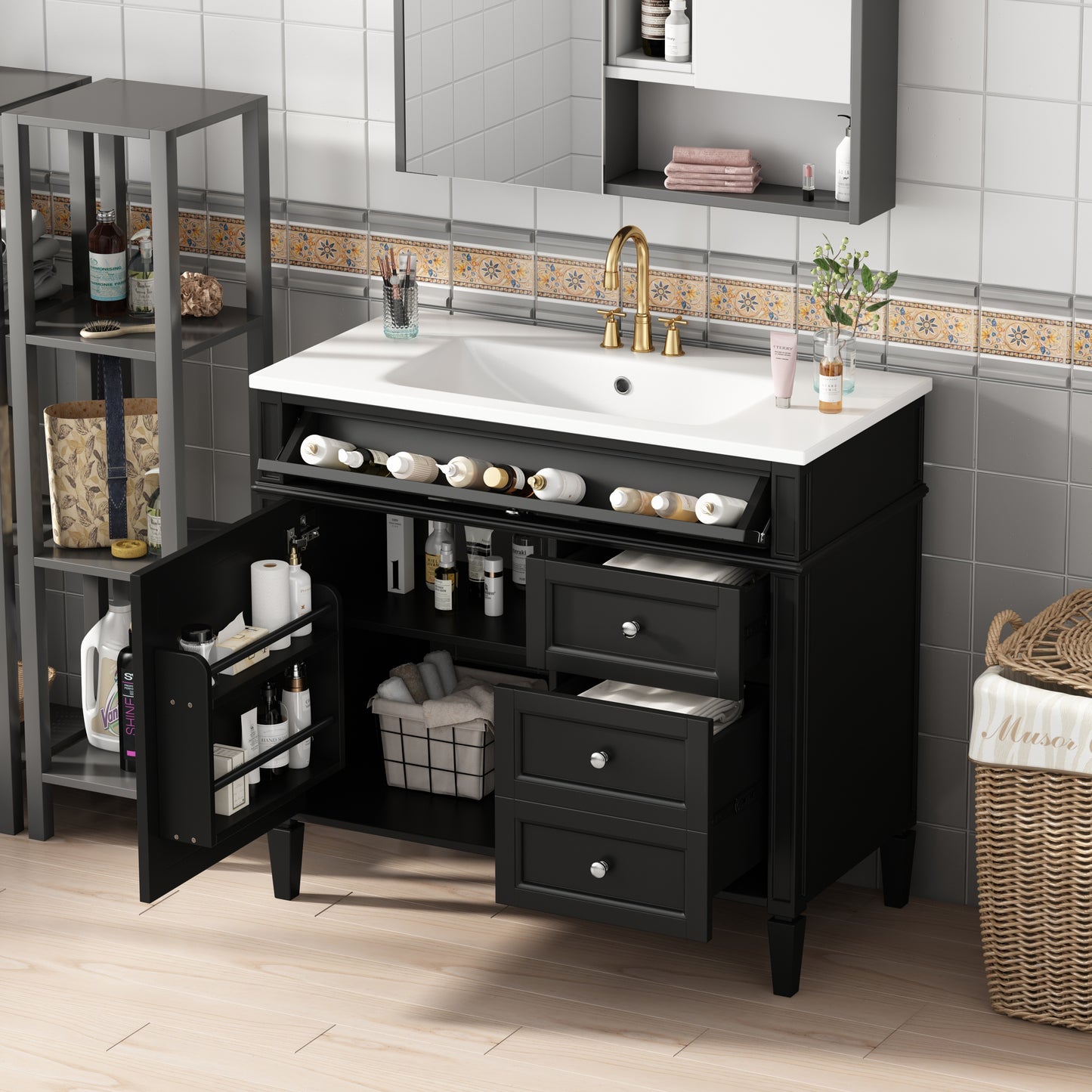 36'' Bathroom Vanity with Top Sink, Modern Bathroom Storage Cabinet with 2 Drawers and a Tip-out Drawer, Single Sink Bathroom Vanity