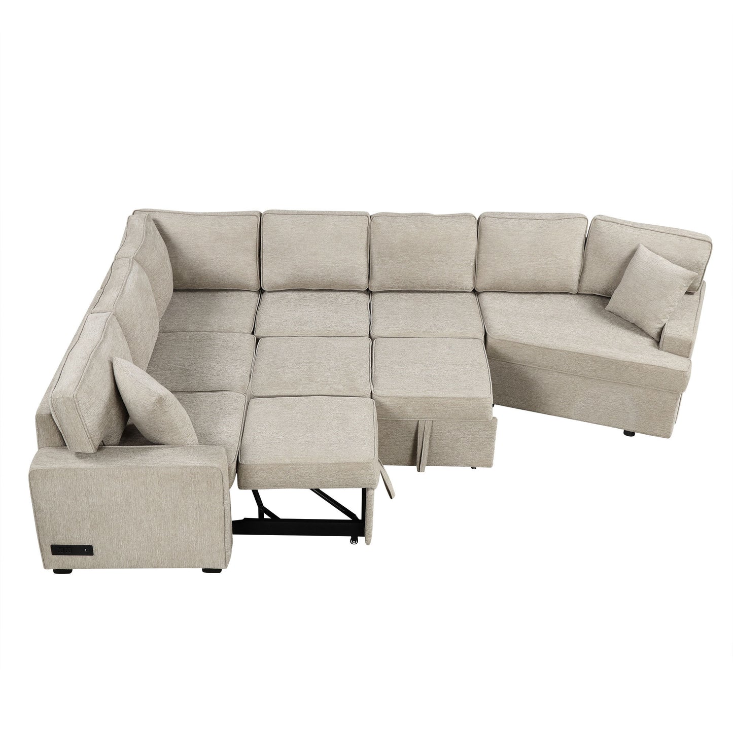 126" L-shaped Sofa Sectional Sofa Couch Pull-out Sofa Bed with Charging Devices and Cup Holders for Living Room, Beige