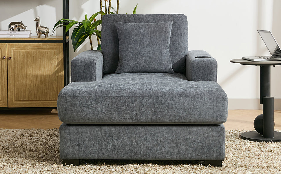 39.7" Oversized Chaise Lounger Modern Style Sofa Couch ,with Pillows, Charge Station & Cup Holders, Chenille Fabric, Blue Gray