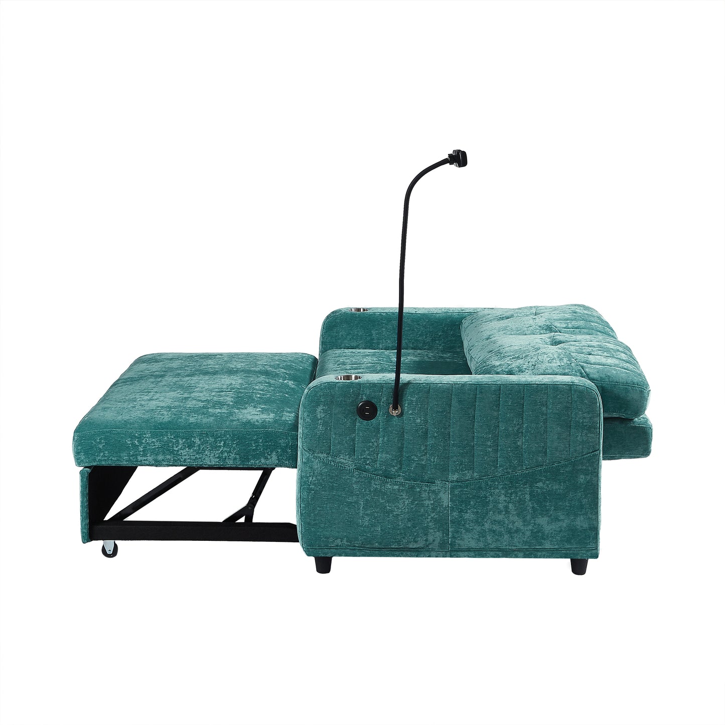 53.9" Modern Loveseat Pull-out Sofa Bed with Adjustable Backrest, Two Cup Holders , a Phone Holder, Three Charging Ports and Side Storage Pockets for Living Room, Teal