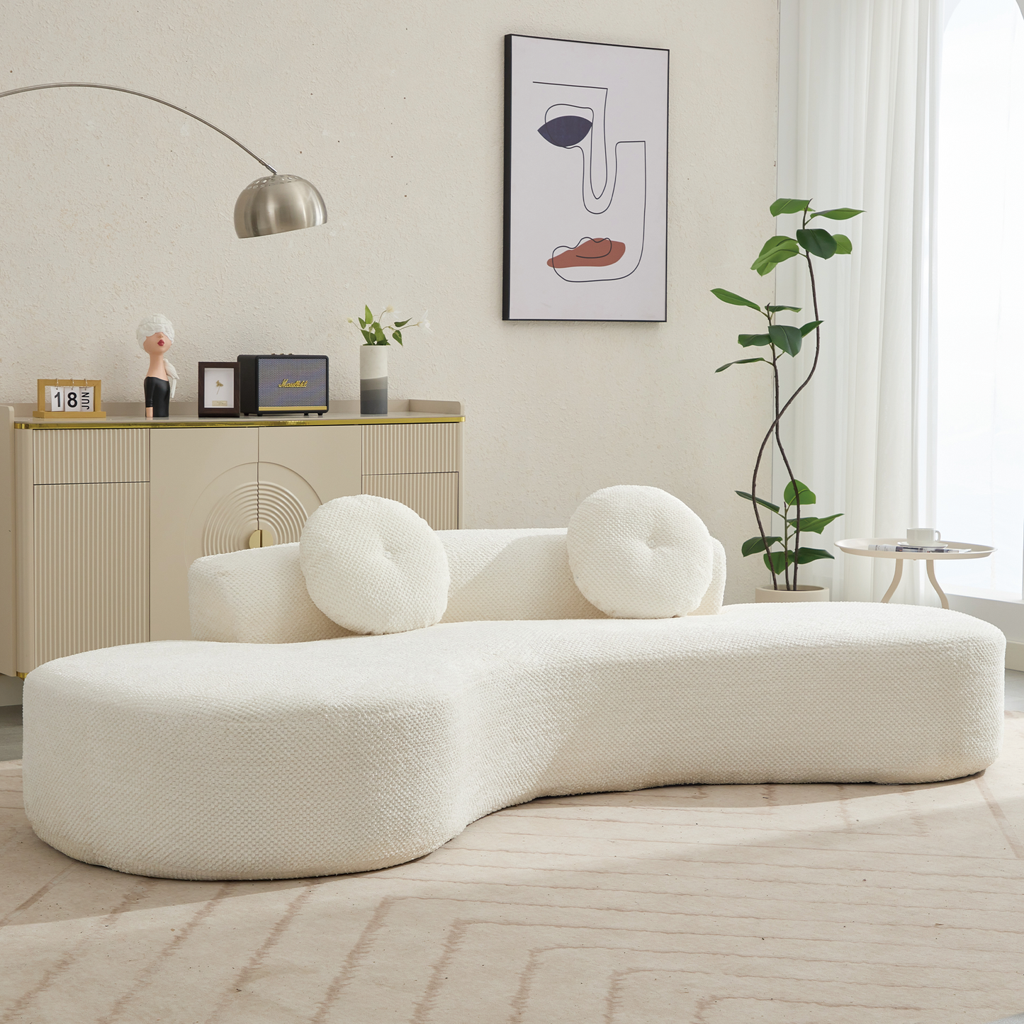 [NEW ARRIVED] [VIDEO PROVIDED]105.5''Curved Sofa, Modern Minimalist Sofa, Cloud Couch Sofa 3-4 Seater Couch with 2 Pillows,Bedroom,  No Assembly Required, Point-shaped corduroy,(Anti-Wrinkle) , Beige