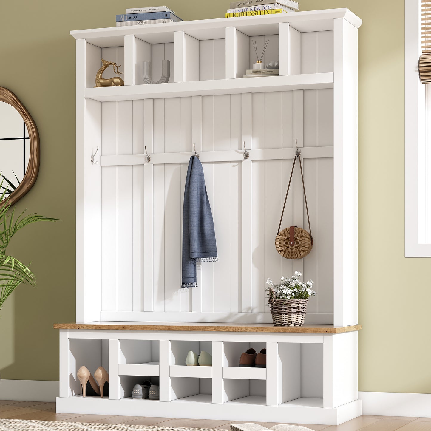 ON-TREND Farmhouse Wooden Style 78''H Modern Hall Tree with Wide Storage Seating Bench, Entryway Shoe Cabinet with 13 Compartments, Elegant Coat Rack with 6 Hooks for Mudroom, Living room, White