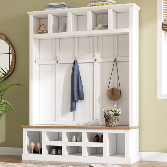 ON-TREND Farmhouse Wooden Style 78''H Modern Hall Tree with Wide Storage Seating Bench, Entryway Shoe Cabinet with 13 Compartments, Elegant Coat Rack with 6 Hooks for Mudroom, Living room, White