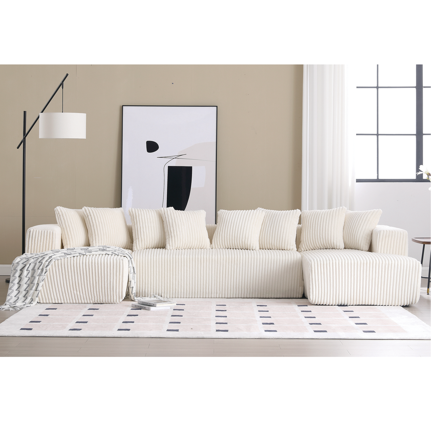 [NEW ARRIVED] [VIDEO PROVIDED]131'' Modular Sectional Couch, U-shaped sofa , Chaise Lounge, Striped fabric,Upholstered 4 Seater Couch for Living Room, Bedroom, Free Combination Sofa (Corduroy),White