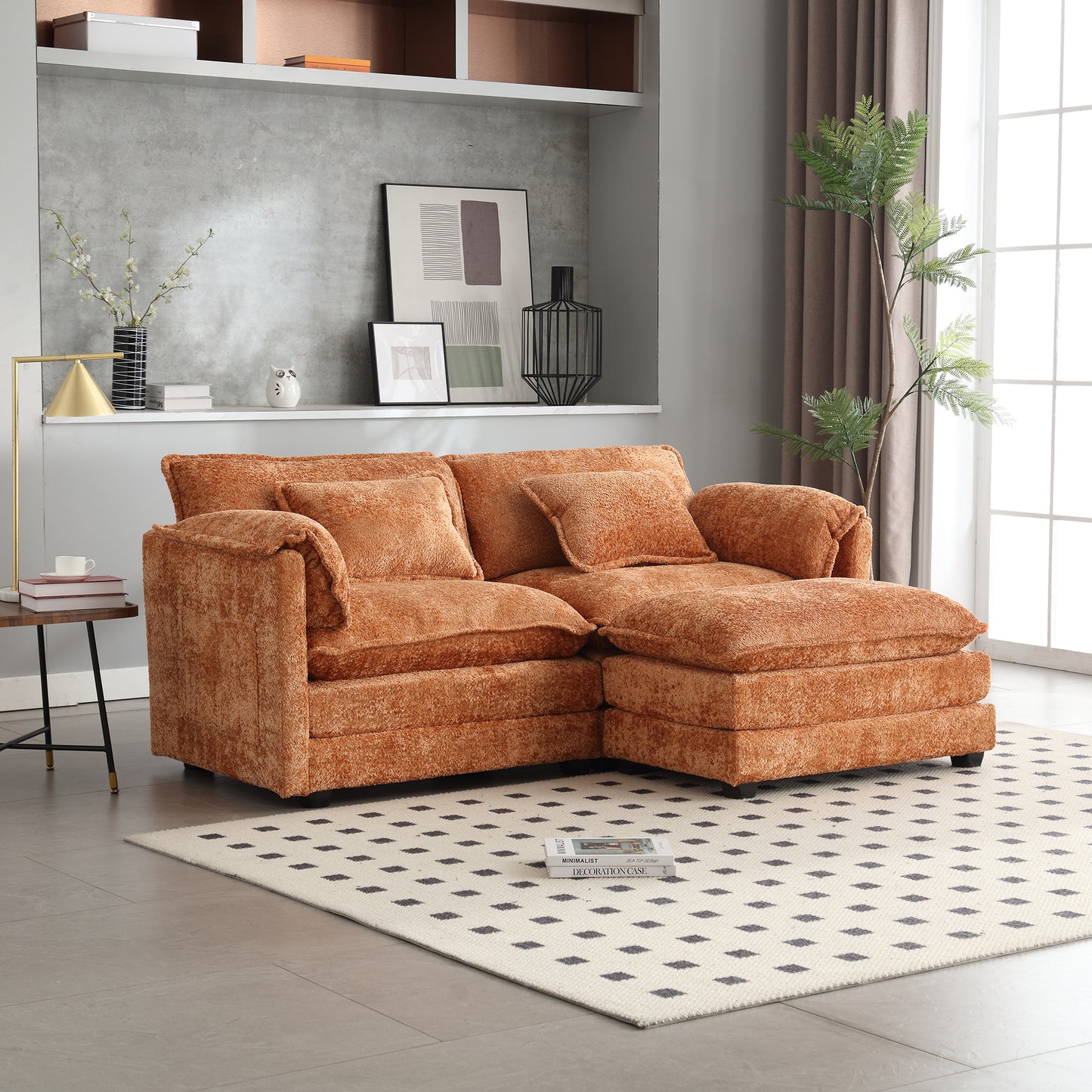 UNITED WE WIN Chenille fabric, removable armrests with side pockets, high density sponge filling, oversized double sofa with footstool