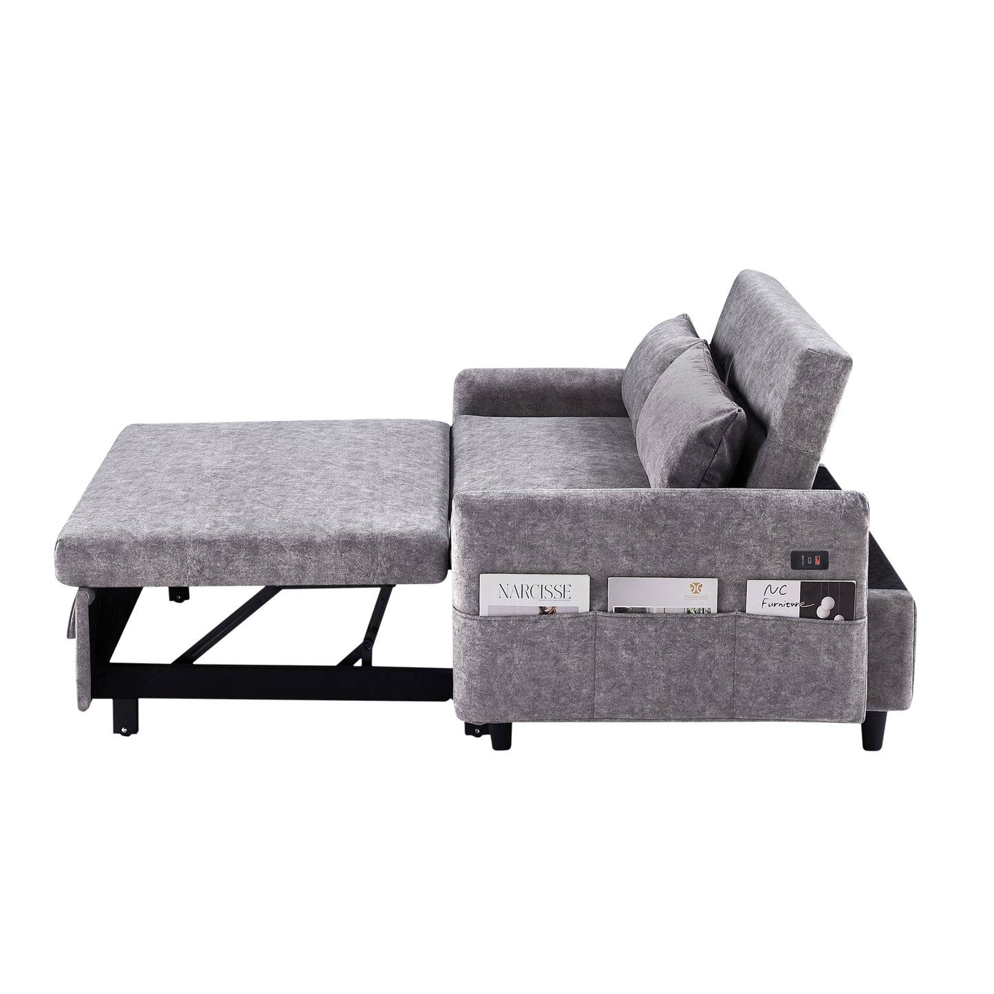 55.1" Pull Out Sleep Sofa Bed Loveseats Sofa Couch with Adjsutable Backrest, Storage Pockets, 2 Soft Pillows, USB Ports for Living Room, Bedroom, Apartment, Office,Grey (Old SKU:WF315689AAE)