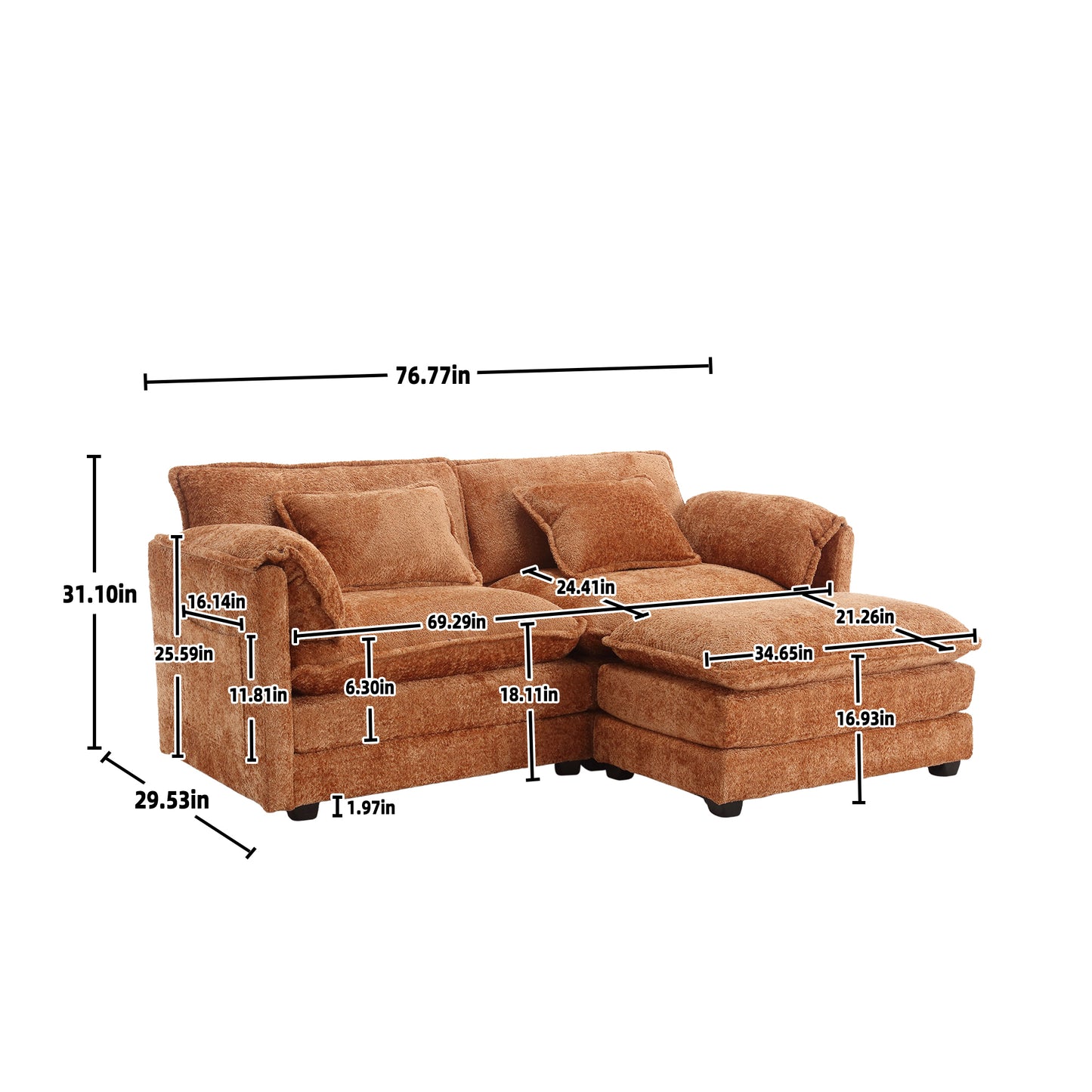 UNITED WE WIN Chenille fabric, removable armrests with side pockets, high density sponge filling, oversized double sofa with footstool