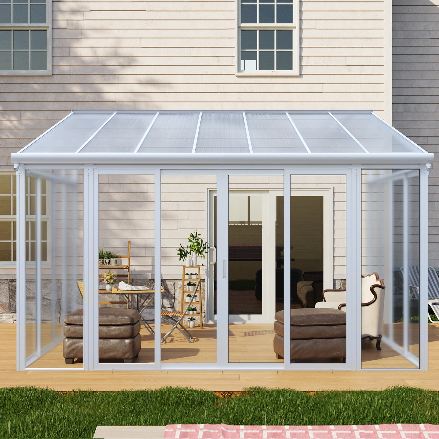 10×14 ft Enclosed Patio Cover with 3 Lockable Sliding Doors, All Season Sunroom with aluminum alloy frame ,Polycarbonate Roof and transparent solid PC endurance panel wall system for Garden Patio Deck