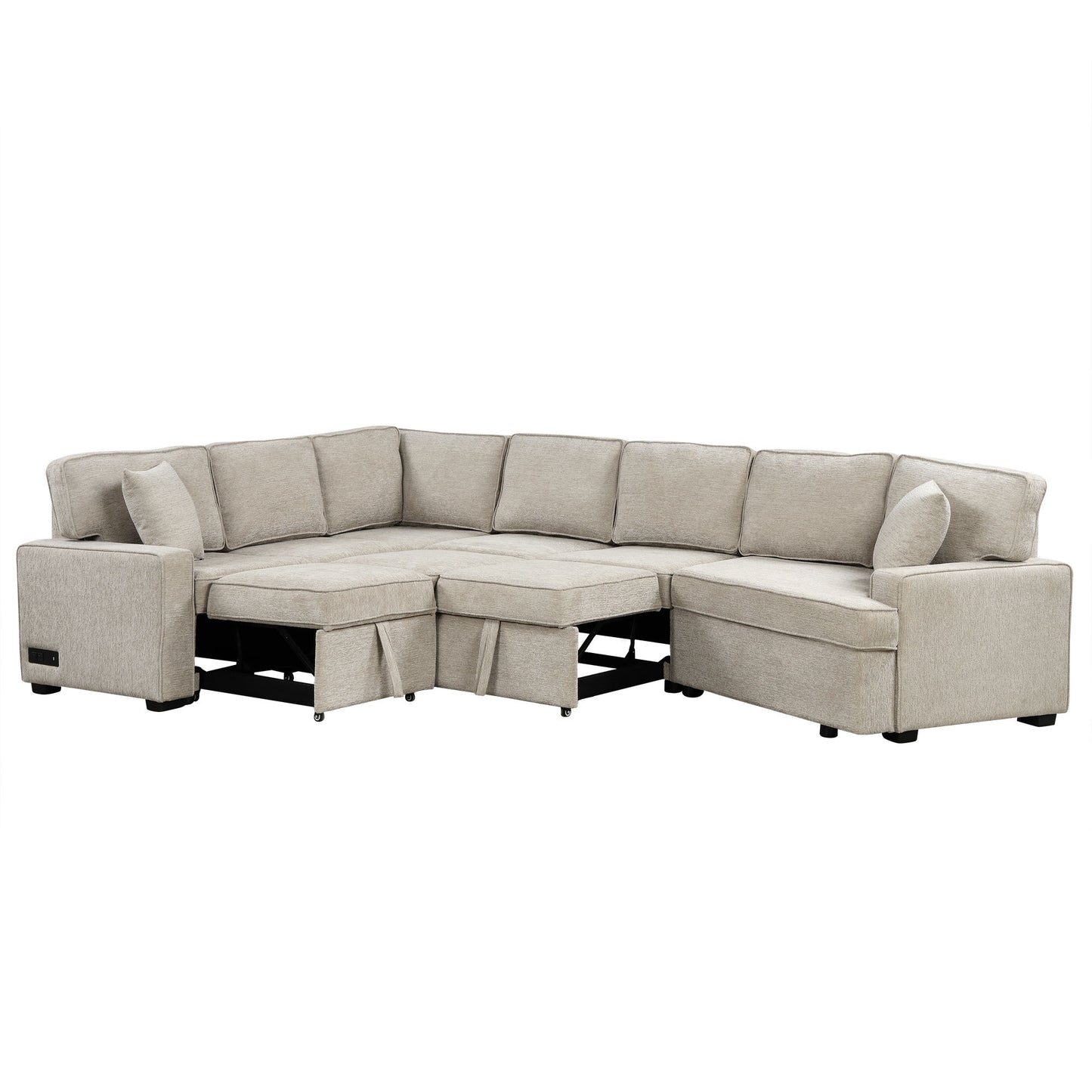 126" L-shaped Sofa Sectional Sofa Couch Pull-out Sofa Bed with Charging Devices and Cup Holders for Living Room, Beige