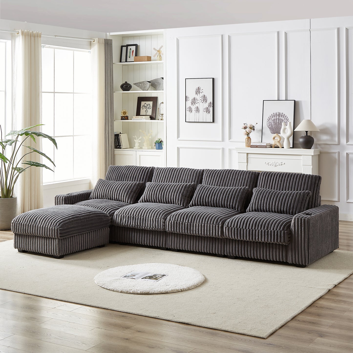 126-inch Corduroy With Cup Holder Super Large L-Shaped Sofa, Movable Footrest, Four Waist Pillows And Four Back Cushion, With USB Port And Type-C Port