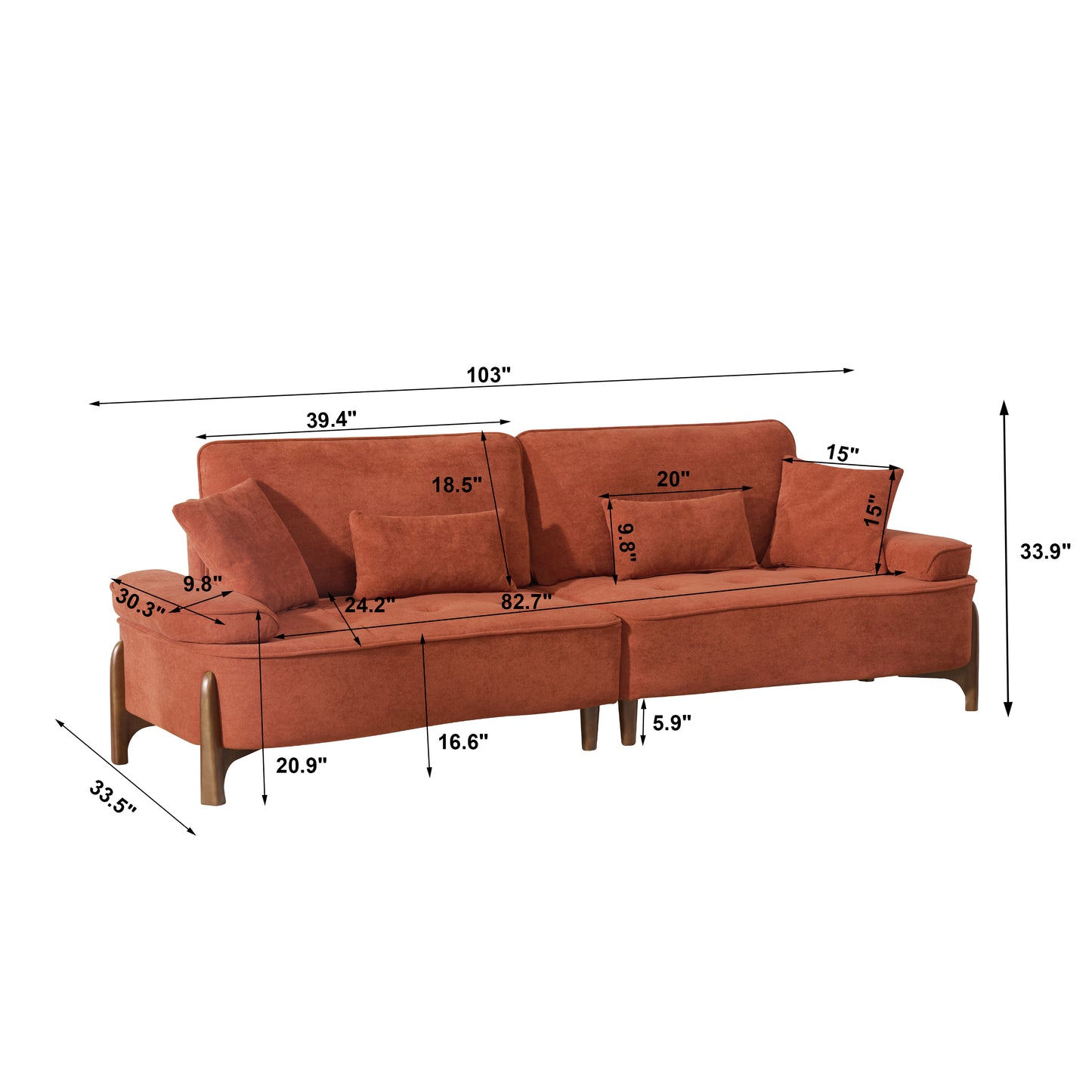 103 inch comfortable deep seated sofa with pillow, suitable for bedroom, living room, apartment, office, dormitory decoration