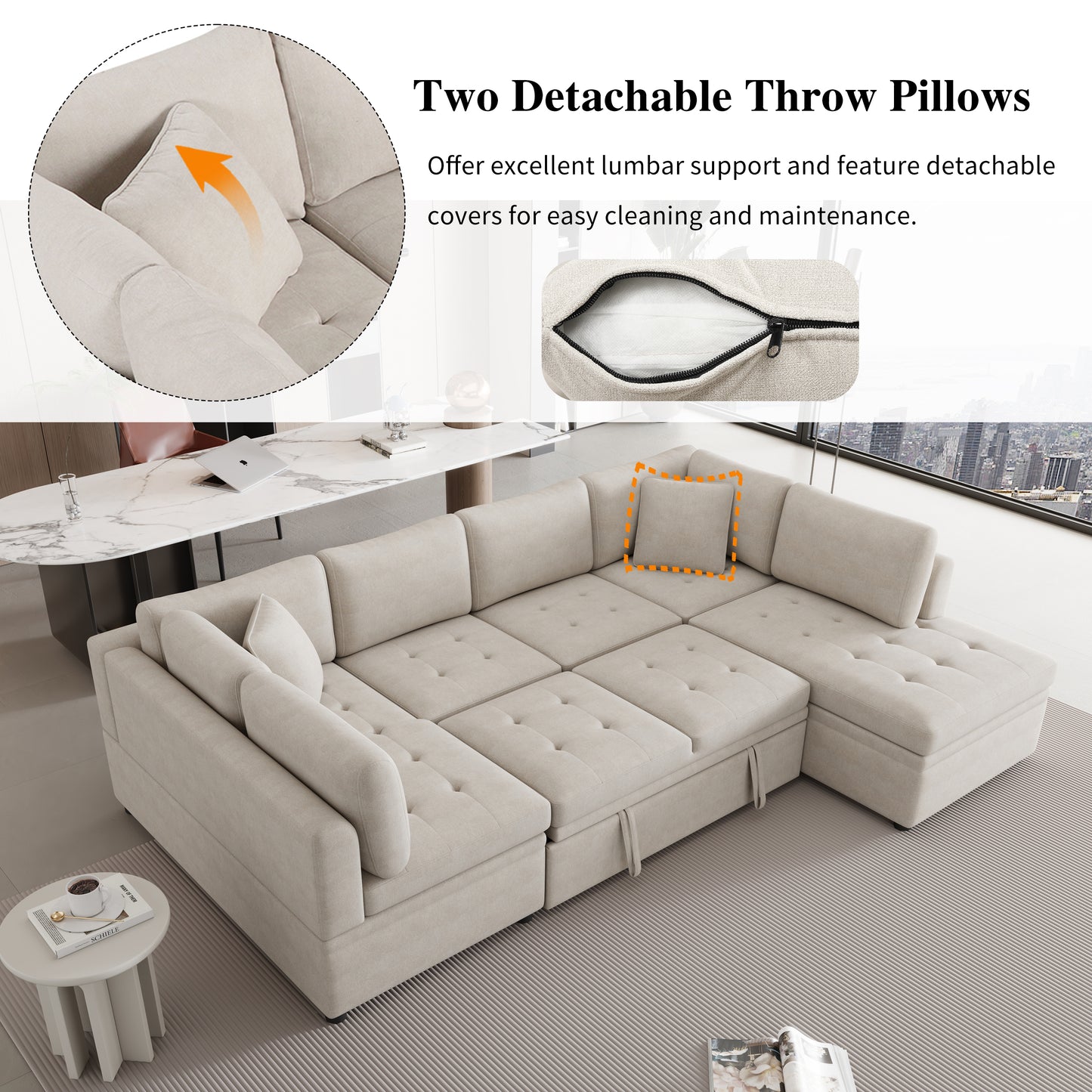 117.3" Oversized Sectional Sofa U- shaped Sofa Couch Pull-out Sofa Bed with Two Throw Pillows for Living Room, Beige