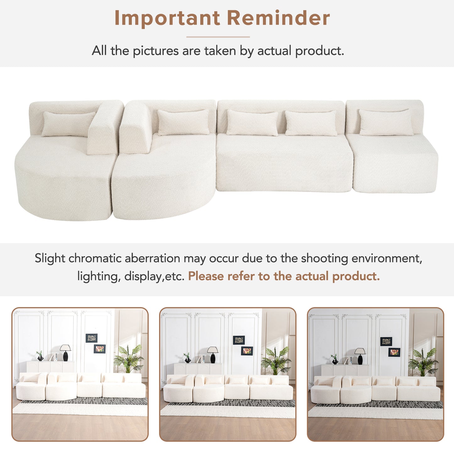 143.7" Upholstered Sofa Free-combined Sofa Couch with Two Chaise Lounge and Five Back Pillows for Living Room, Beige