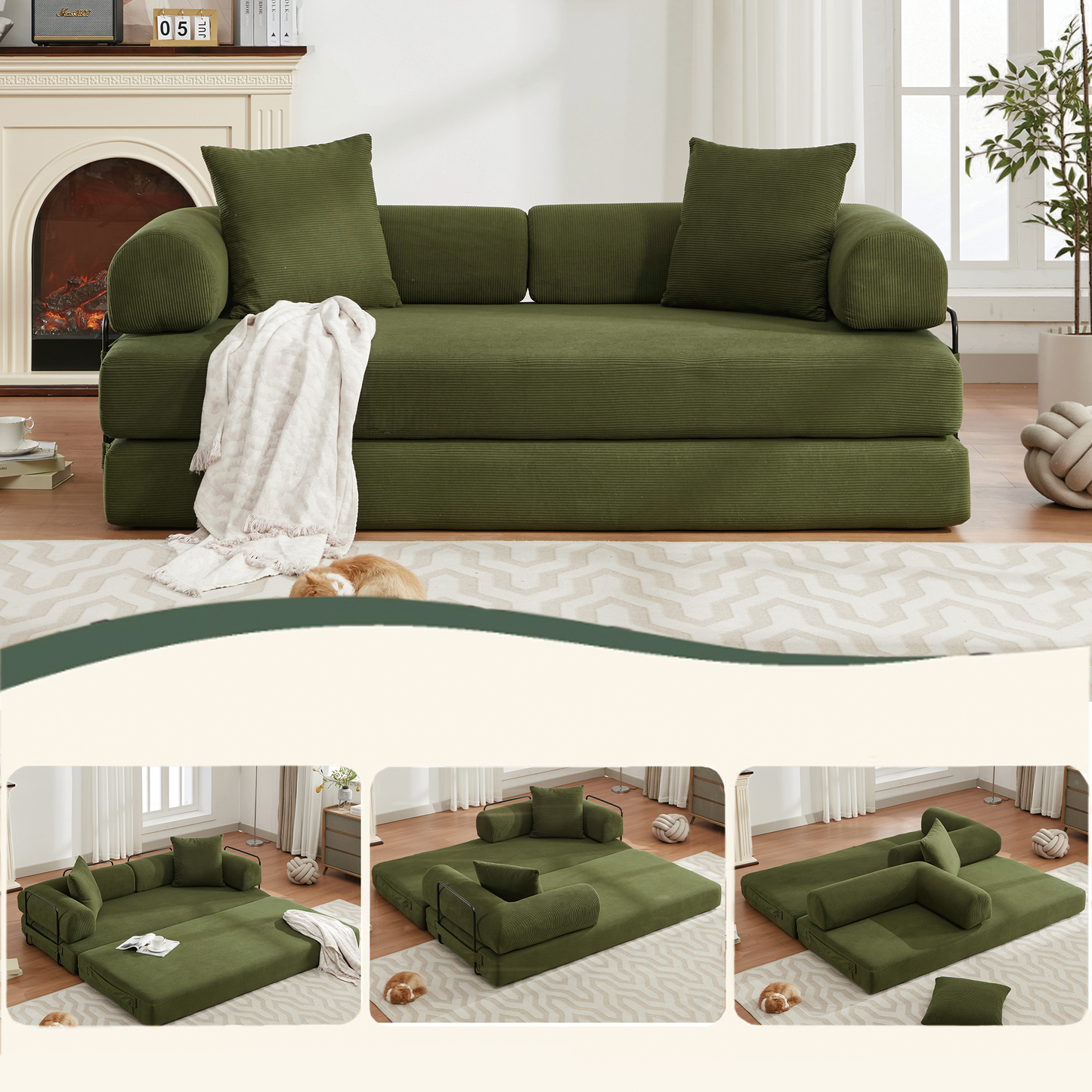 [NEW ARRIVED] [VIDEO PROVIDED] 78.5" Folding Convertible Out Sleeper Sofa Bed,4-in-1 DIY Combination Convertible  Sofa, 3 seat, Folding Sleeper Sofa, King Size , Bedroom,Apartment,Corduroy,Green