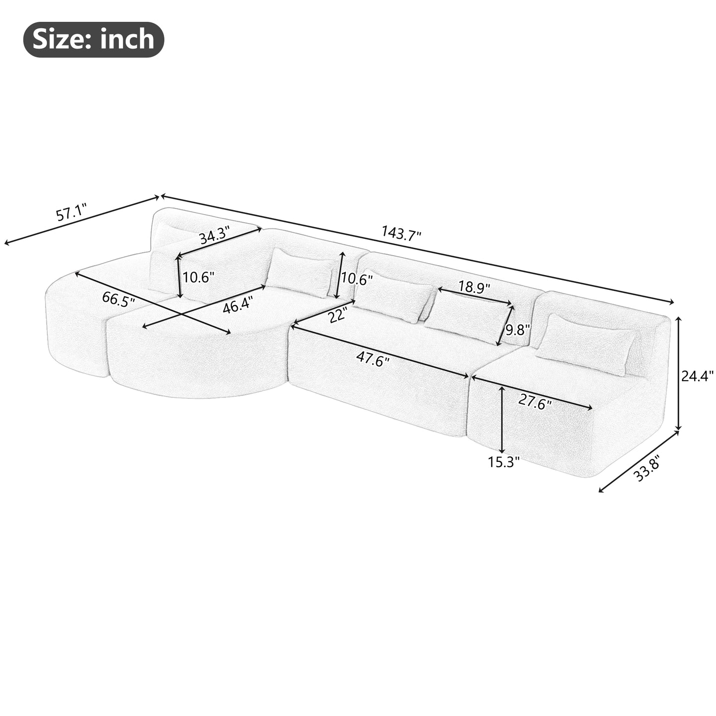 143.7" Upholstered Sofa Free-combined Sofa Couch with Two Chaise Lounge and Five Back Pillows for Living Room, Beige