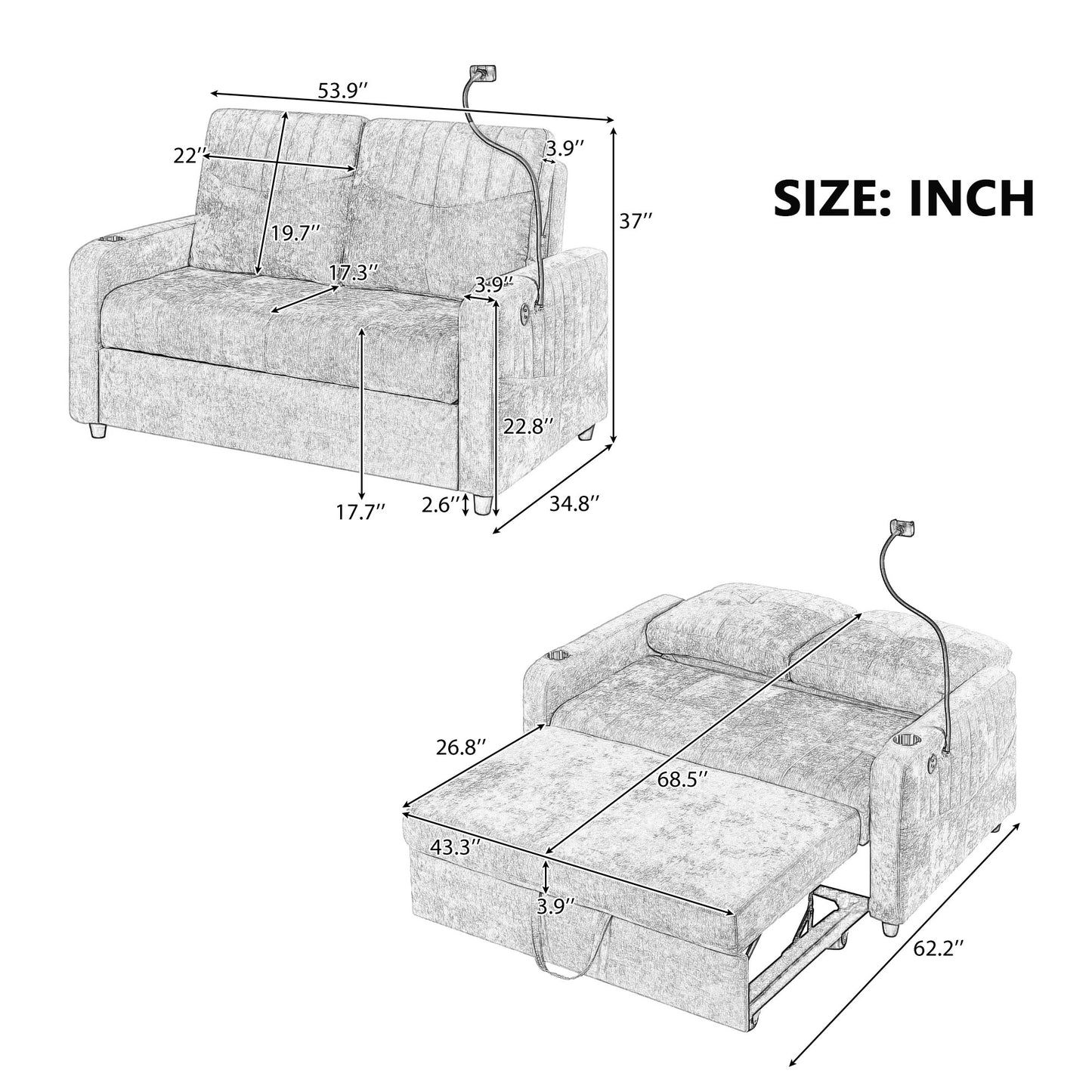 53.9" Modern Loveseat Pull-out Sofa Bed with Adjustable Backrest, Two Cup Holders , a Phone Holder, Three Charging Ports and Side Storage Pockets for Living Room, Grey