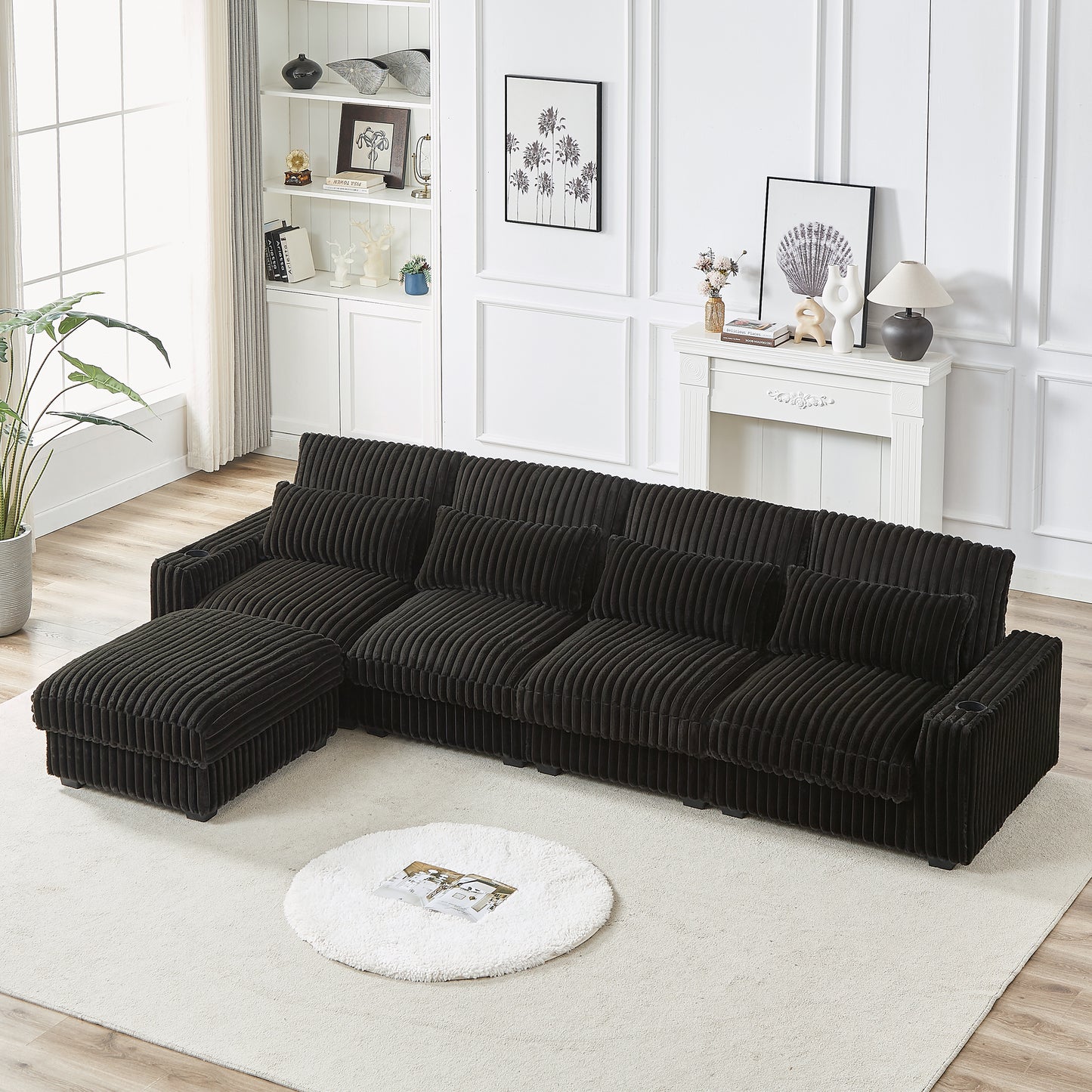 126-inch Corduroy With Cup Holder Super Large L-Shaped Sofa, Movable Footrest, Four Waist Pillows And Four Back Cushion, With USB Port And Type-C Port