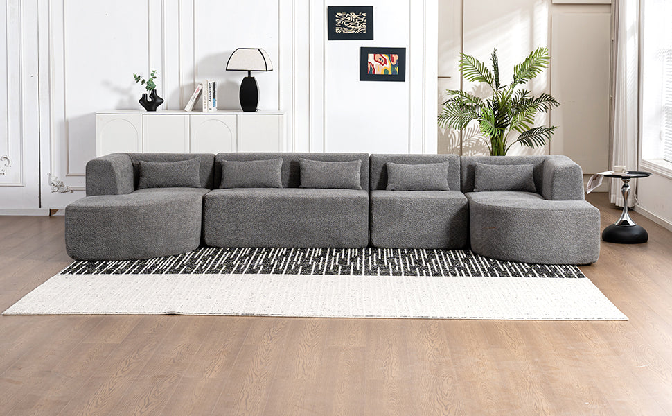 143.7" Upholstered Sofa Free-combined Sofa Couch with Two Chaise Lounge and Five Back Pillows for Living Room, Light Gray