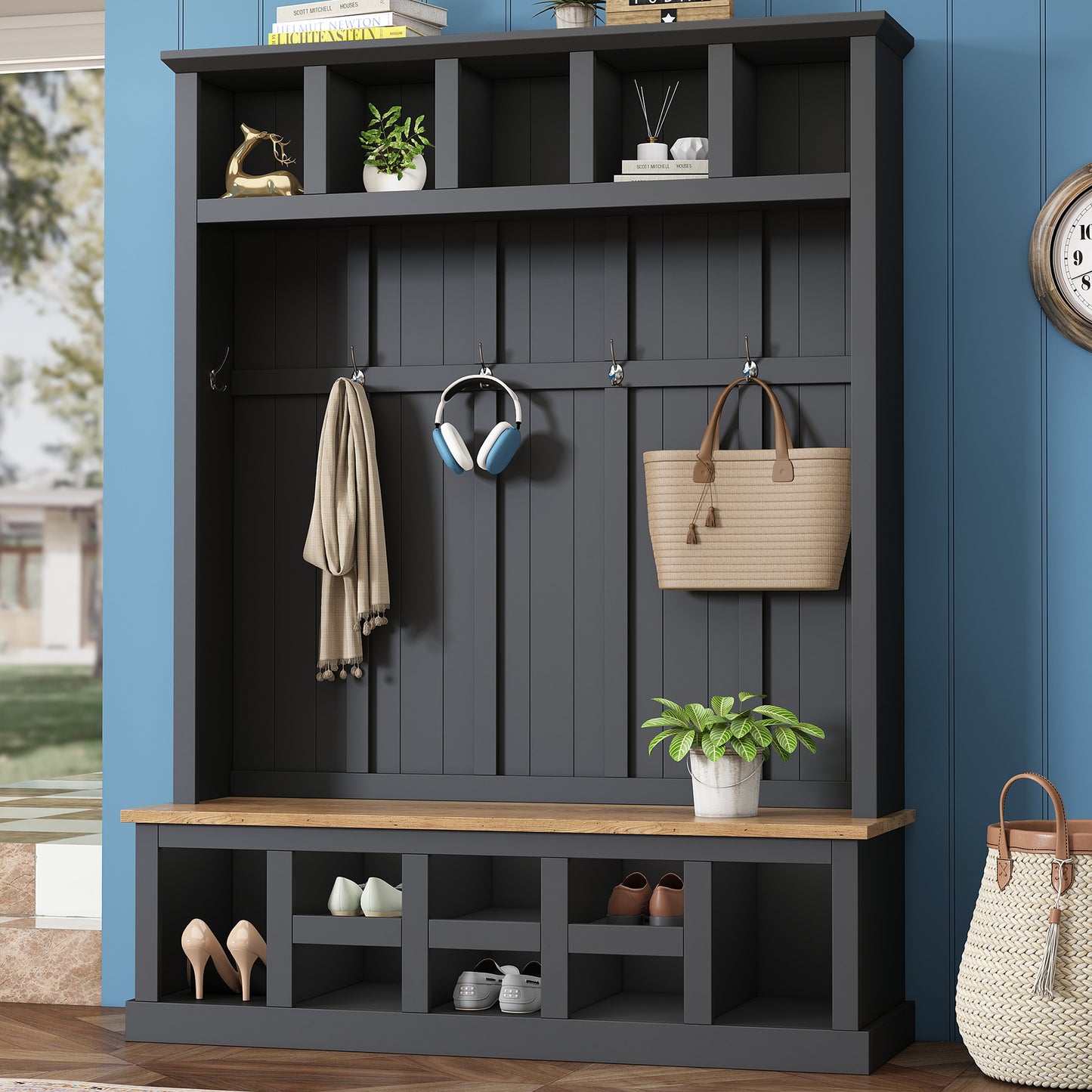 ON-TREND Farmhouse Wooden Style 78''H Modern Hall Tree with Wide Storage Seating Bench, Entryway Shoe Cabinet with 13 Compartments, Elegant Coat Rack with 6 Hooks for Mudroom, Living room, Black