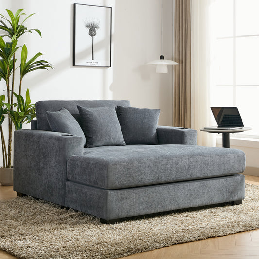 55" Oversized Chaise Lounger Modern Style Sofa Couch ,with Pillows, Charge Station & Cup Holders, Chenille Fabric, Blue Gray