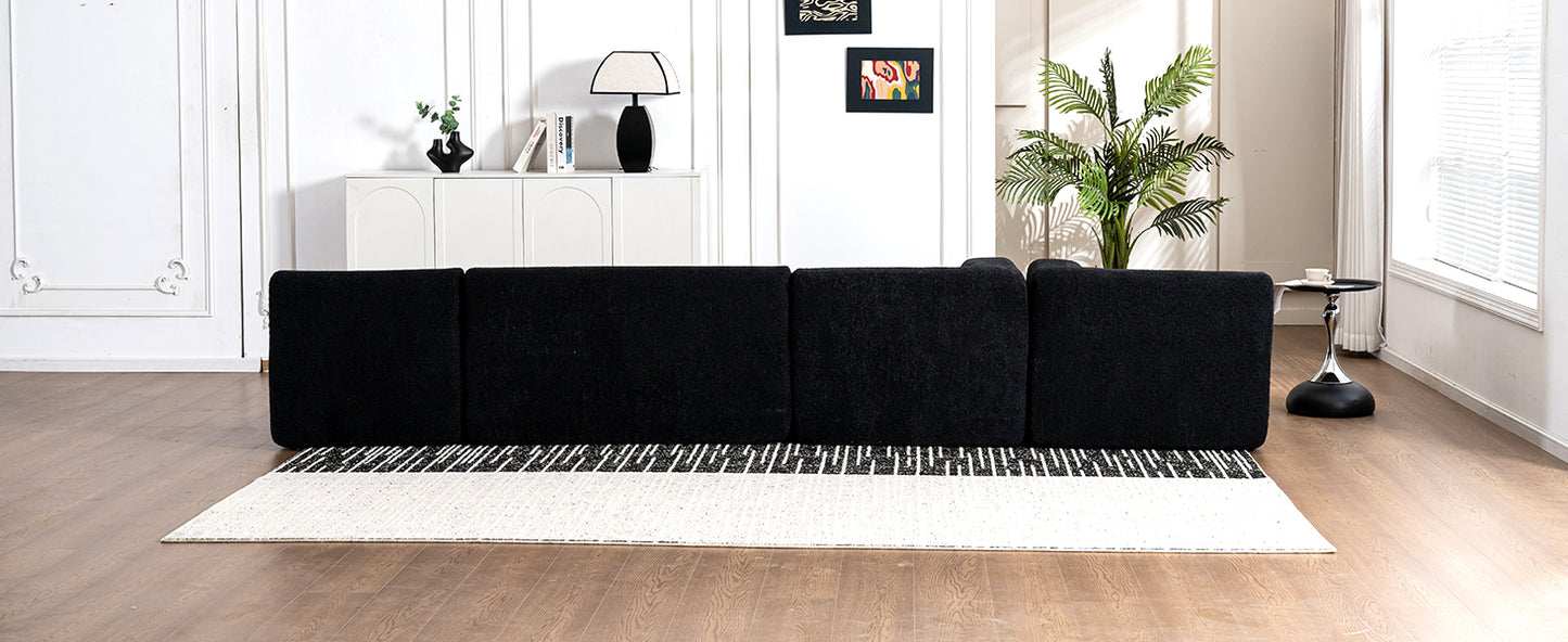 143.7" Upholstered Sofa Free-combined Sofa Couch with Two Chaise Lounge and Five Back Pillows for Living Room, Black