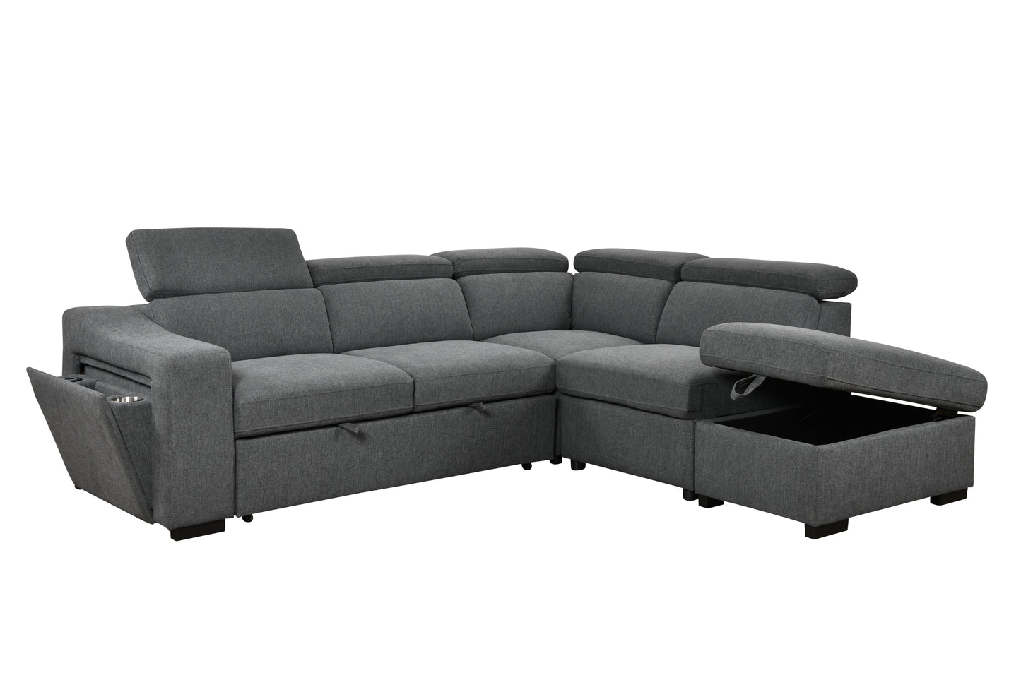 105"L-Shape Sectional Sofa with Pull-Out Bed and Ottoman Storage Space, Convertible Sleeper Couch, Arm with 1 Cup Holders and Wirelessly Charged, for Living Room, Apartment, Dark Gray