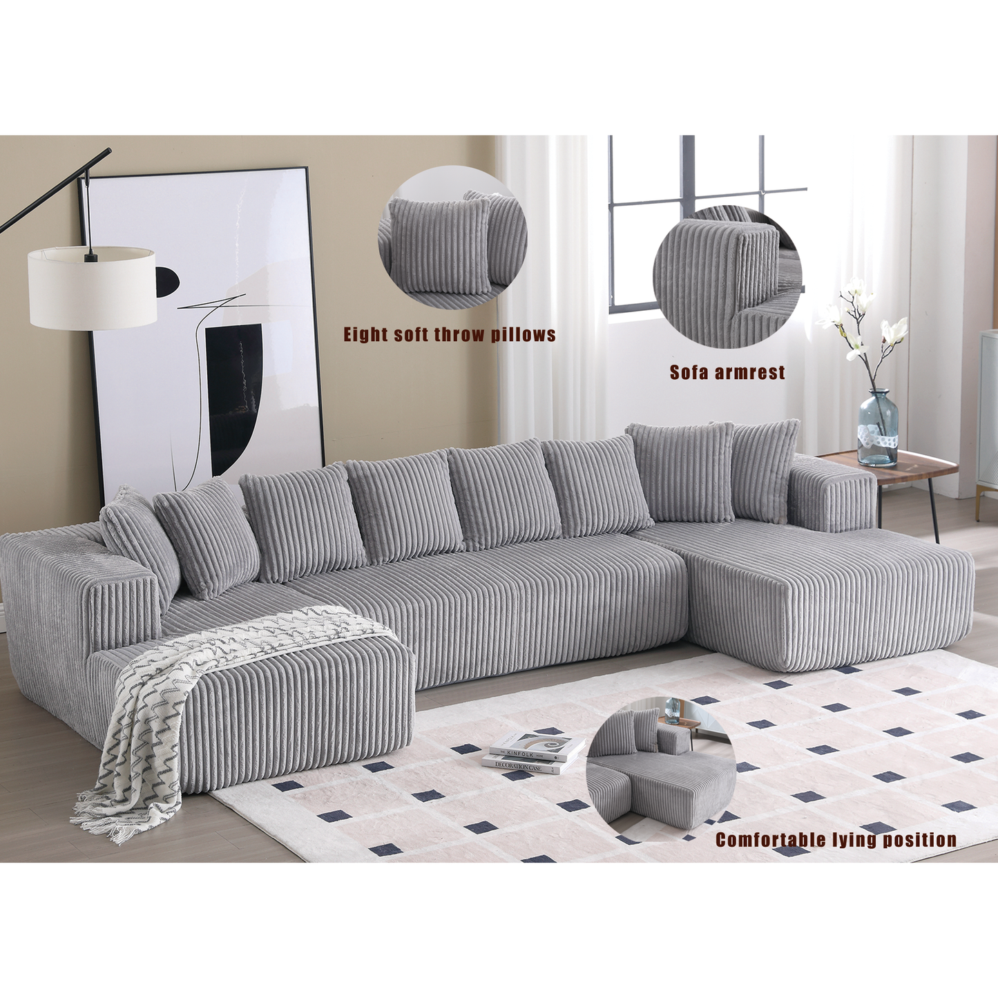 [NEW ARRIVED] [VIDEO PROVIDED]131'' Modular Sectional Couch, U-shaped sofa , Chaise Lounge, Striped fabric,Upholstered 4 Seater Couch for Living Room, Bedroom, Free Combination Sofa (Corduroy), Gray