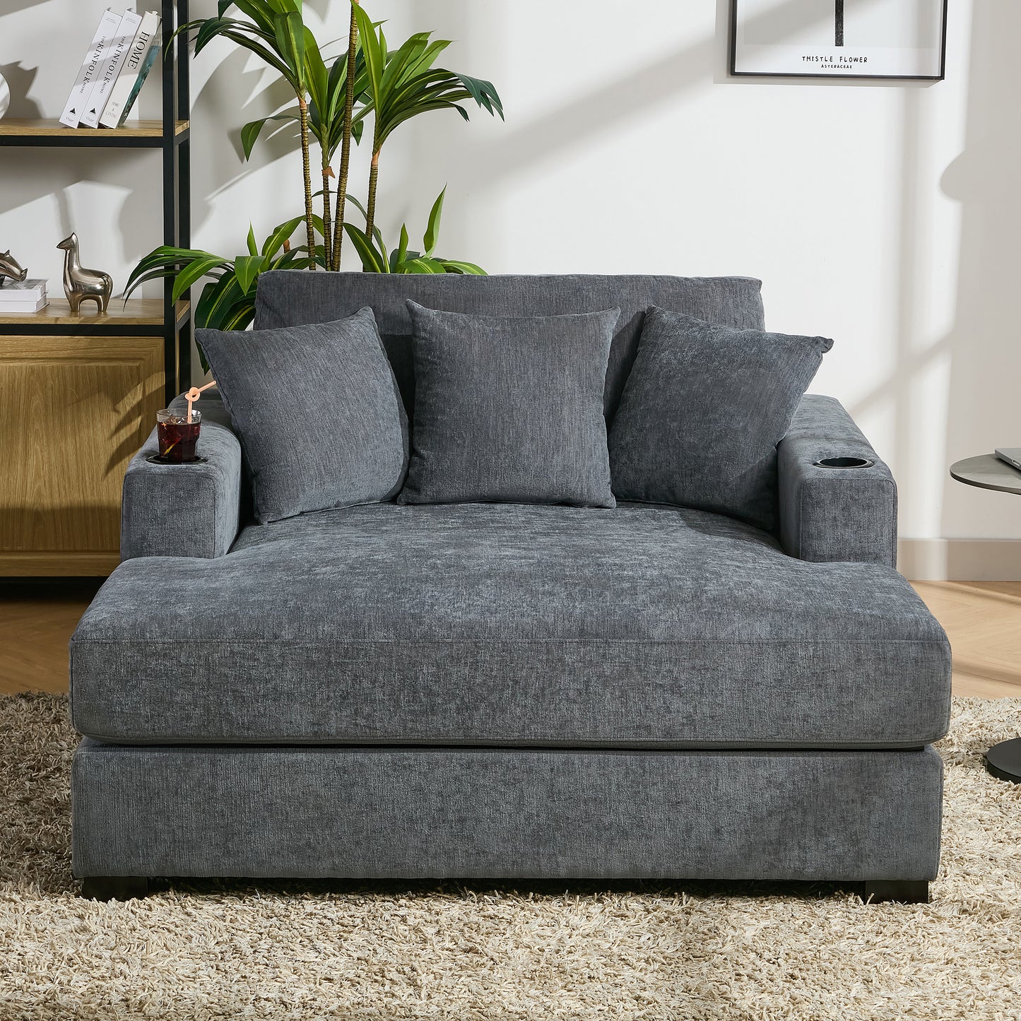 55" Oversized Chaise Lounger Modern Style Sofa Couch ,with Pillows, Charge Station & Cup Holders, Chenille Fabric, Blue Gray