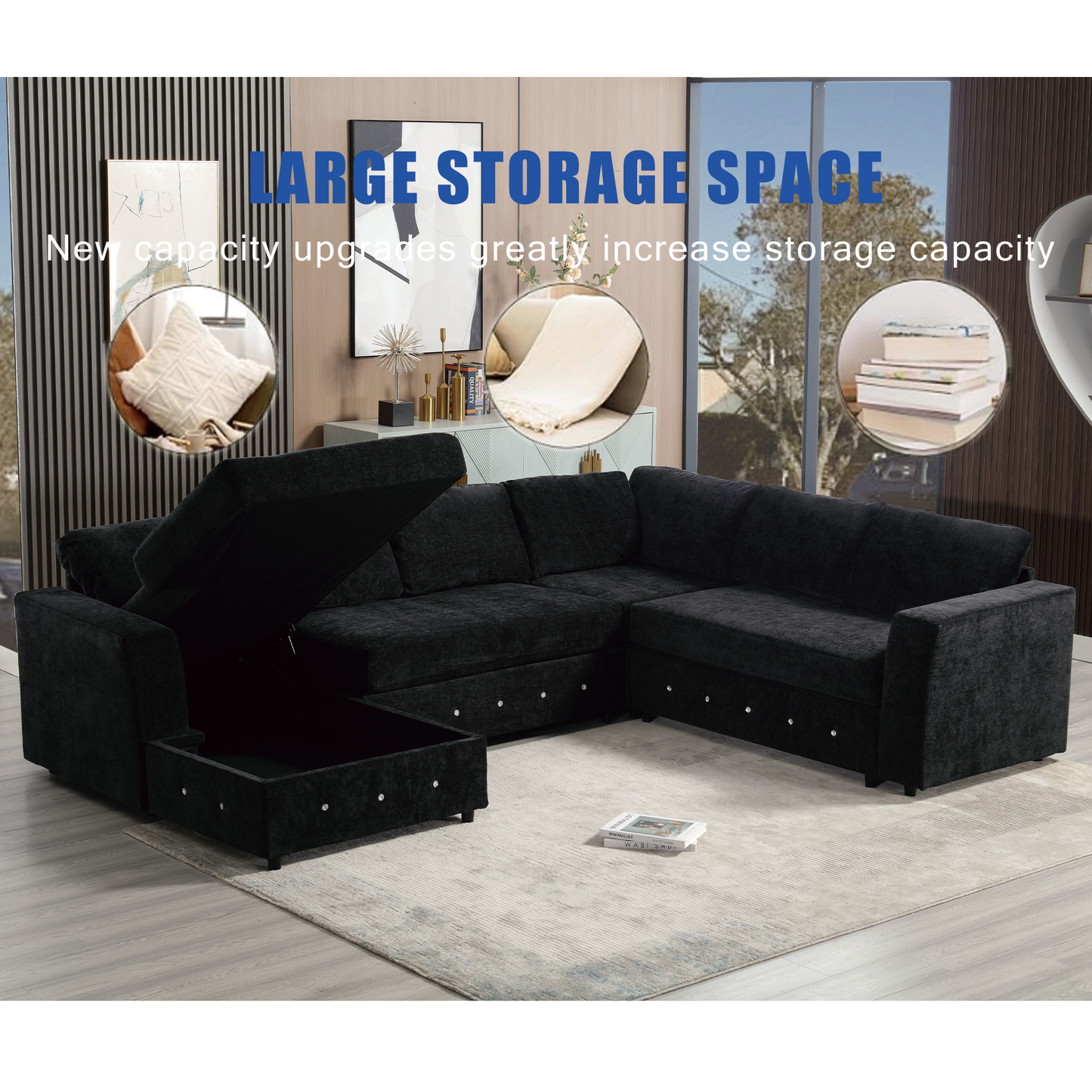 [NEW ARRIVED] [VIDEO PROVIDED]110.75" Sectional Sofa,Oversized modular sofa,Chaise Storage, Modern U Shaped  Couch , Upholstered Sofas,Chenille,Crystal button , Living Room, Apartment, Black