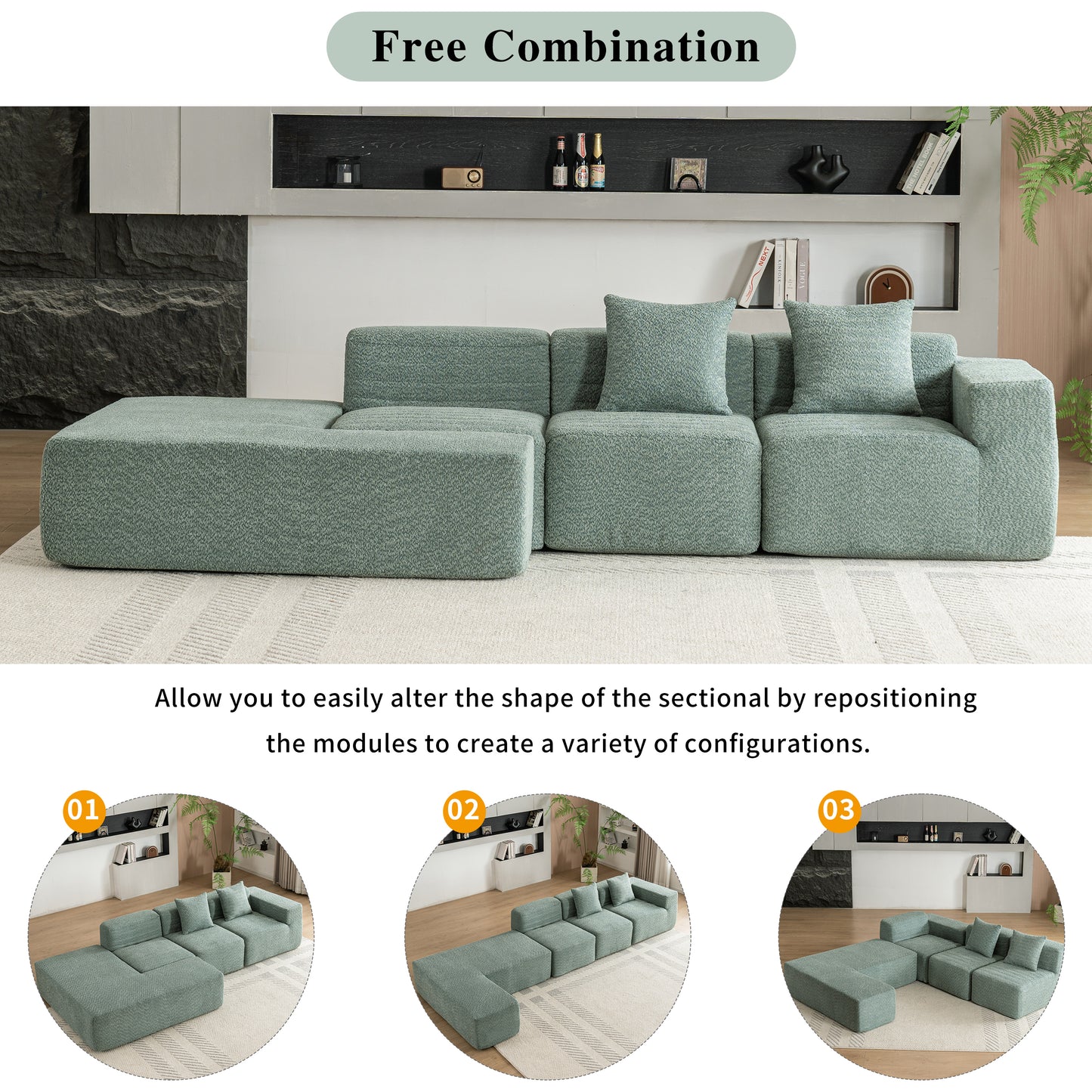 116.5" Sectional Sofa Full-compressed Sofa Couch Free-combined Sofa for Living Room, Green