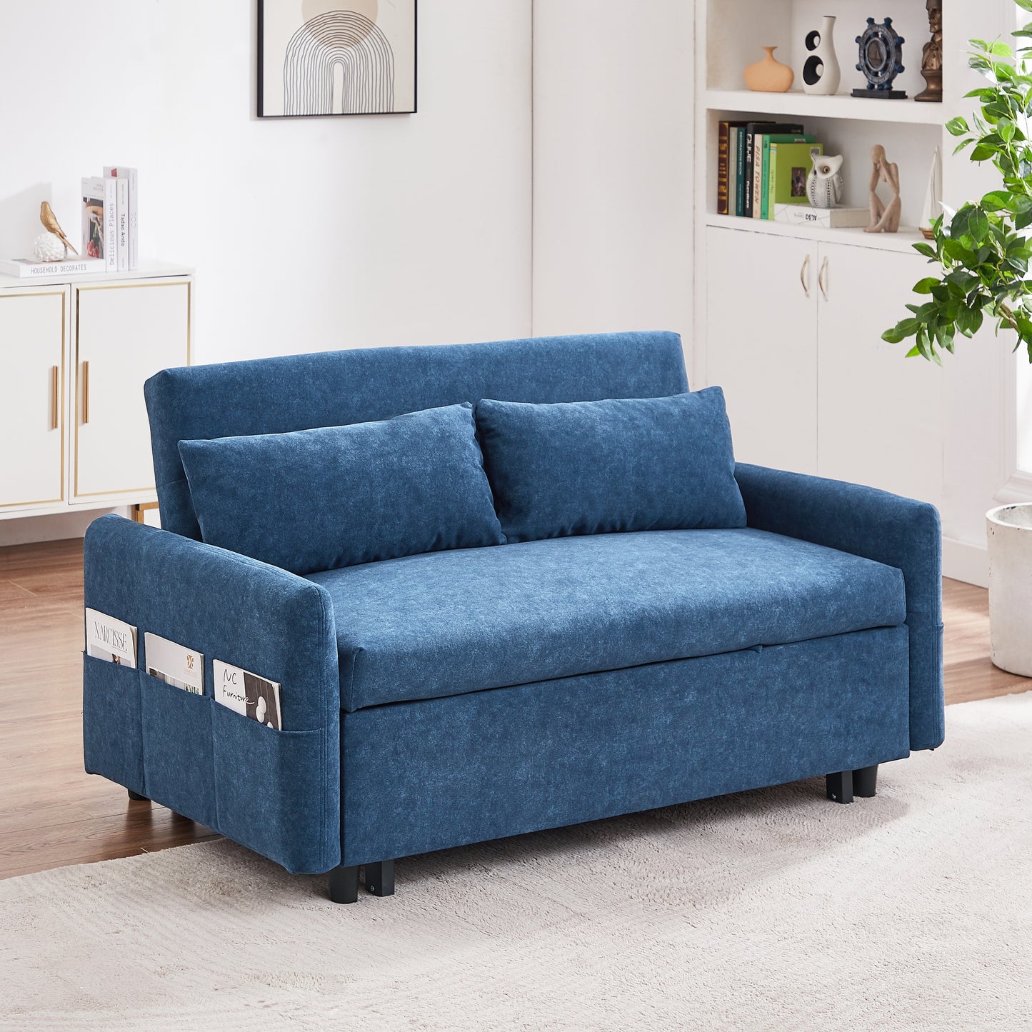 55.1" Pull Out Sleep Sofa Bed Loveseats Sofa Couch with Adjsutable Backrest, Storage Pockets, 2 Soft Pillows, USB Ports for Living Room, Bedroom, Apartment, Office, Blue (Old SKU: WF315689AAC)