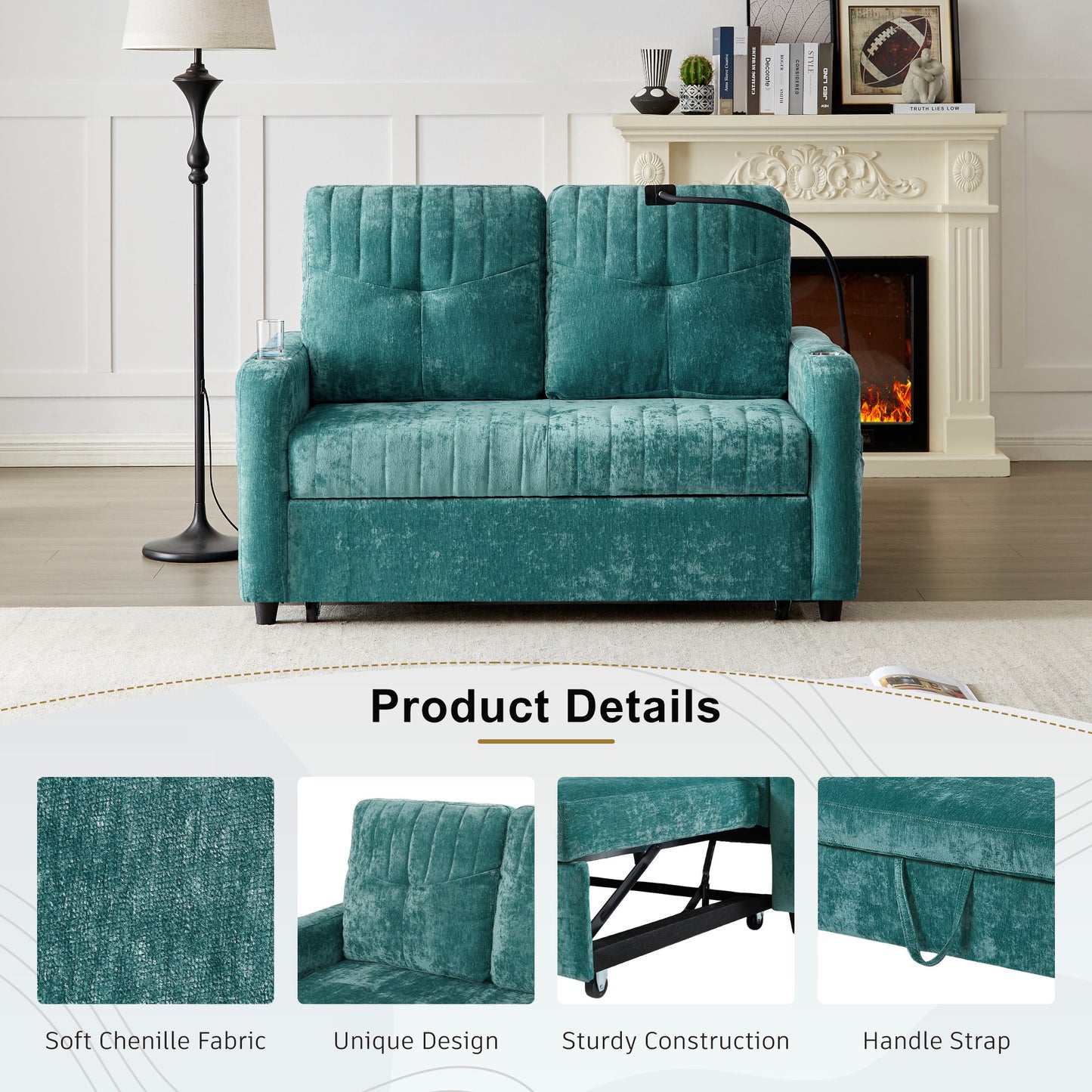 53.9" Modern Loveseat Pull-out Sofa Bed with Adjustable Backrest, Two Cup Holders , a Phone Holder, Three Charging Ports and Side Storage Pockets for Living Room, Teal