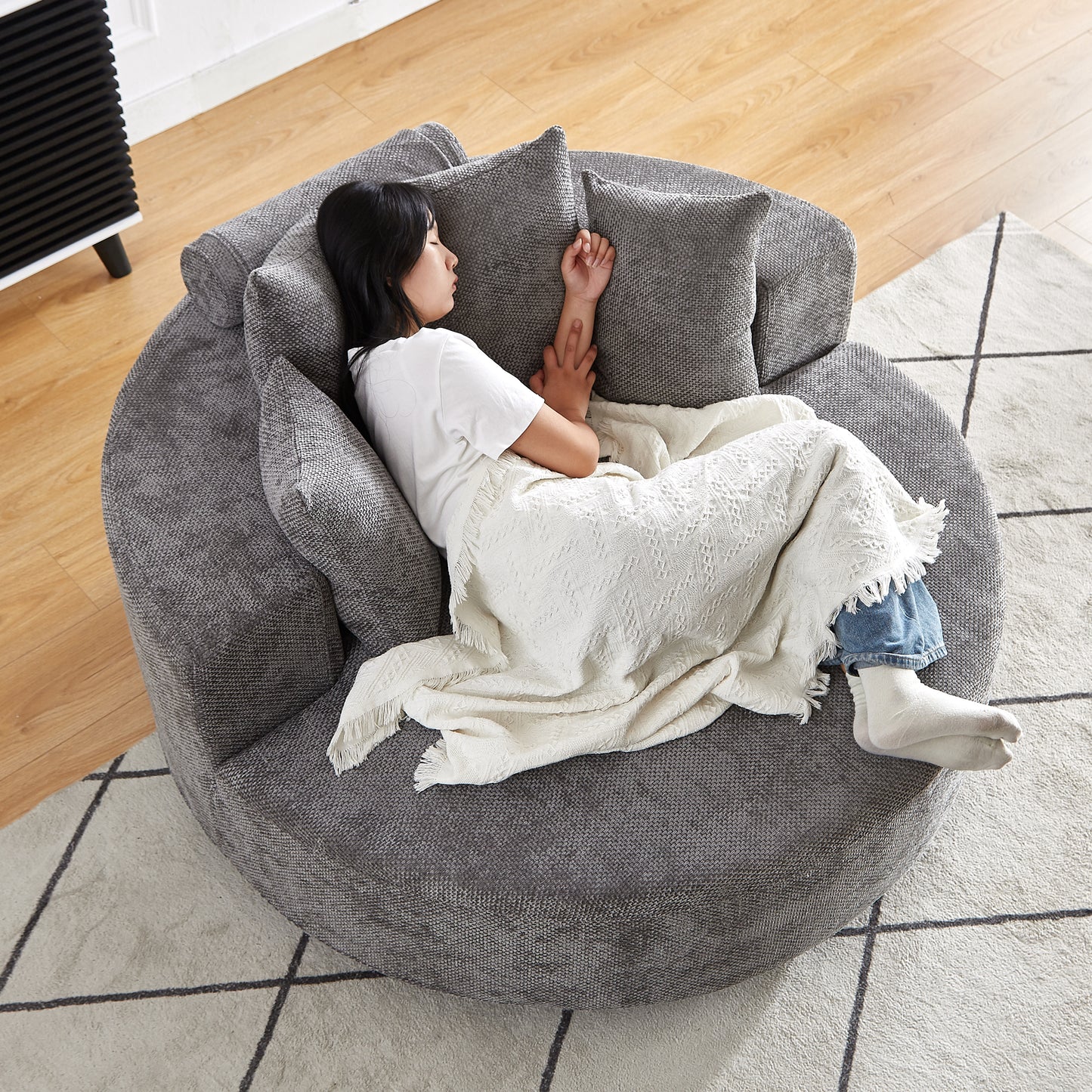 55''L Chenille Foam Single Swivel Chair, Fluffy Modern Sleeper, 360 Degree Swivel Chair for Living Room, Bedroom, Lounge and Projection Room