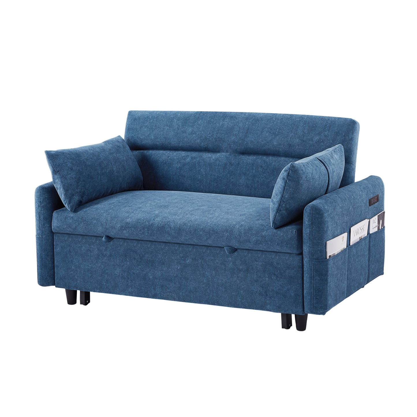 55.1" Pull Out Sleep Sofa Bed Loveseats Sofa Couch with Adjsutable Backrest, Storage Pockets, 2 Soft Pillows, USB Ports for Living Room, Bedroom, Apartment, Office, Blue (Old SKU: WF315689AAC)