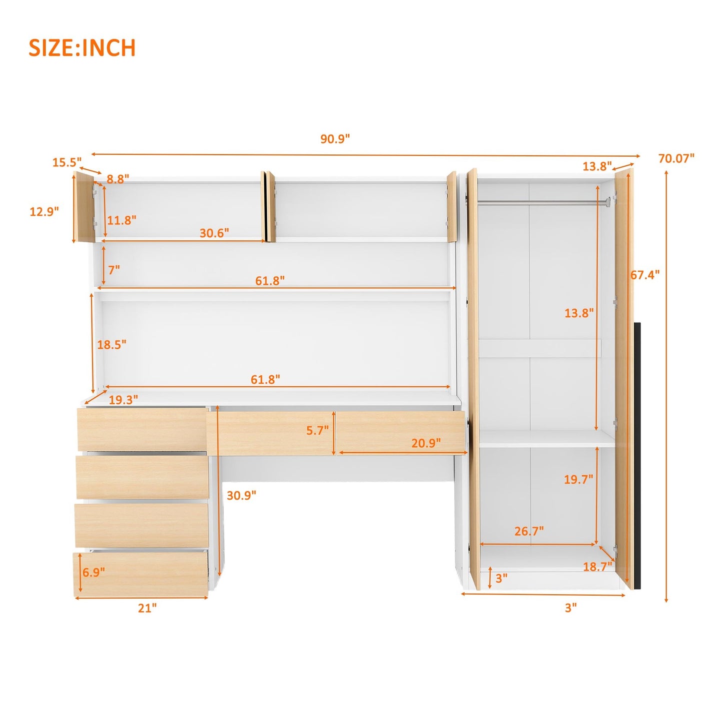 2 Door Wooden Storage Desk Wardrobe for Bedroom with Shelves and Drawers,Natural