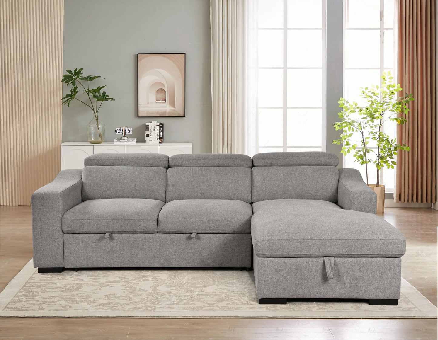 103'' inch Convertible Sectional Sofa with Storage Chaise, Adjustable Headrests, L-shaped Sleeper Corner Sectional Sofa with a Pull-Out Bed ,a USB Charging,and a Cup Holder,Light Gray