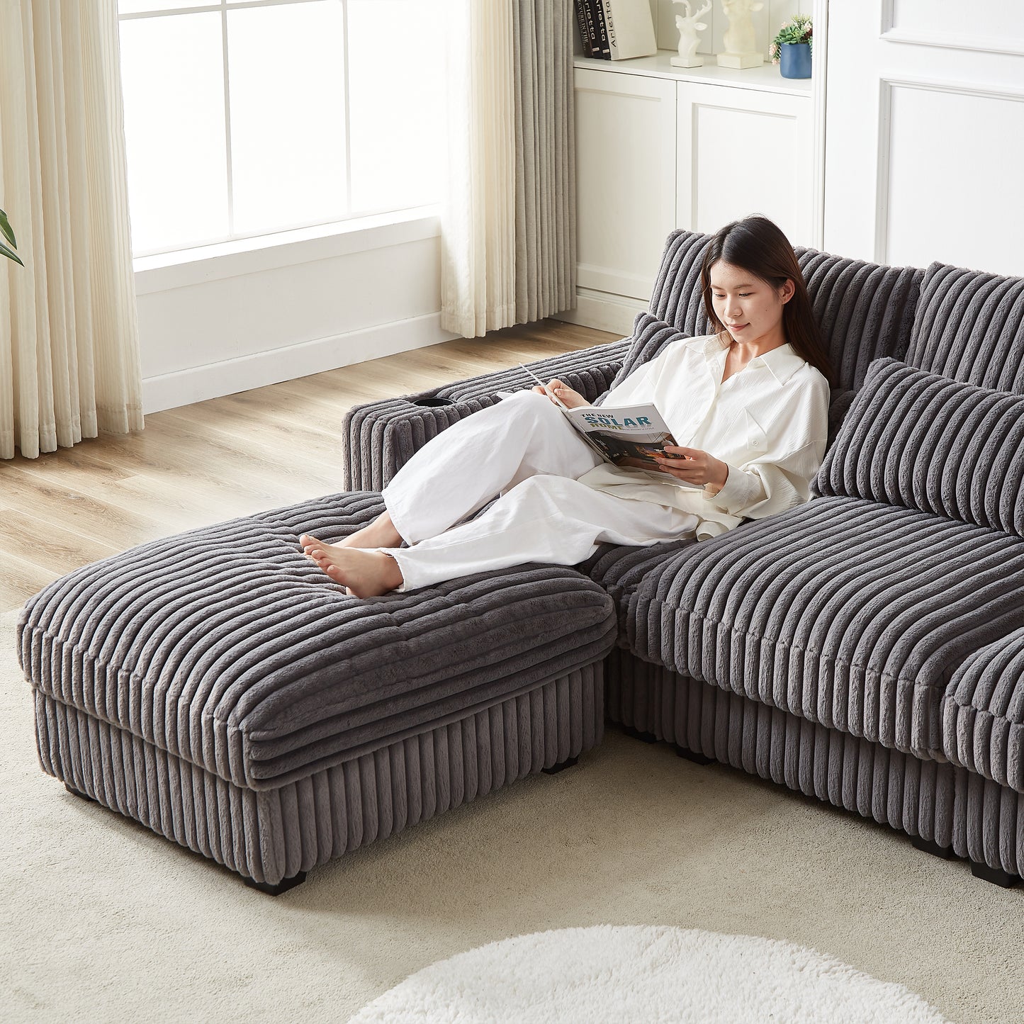 126-inch Corduroy With Cup Holder Super Large L-Shaped Sofa, Movable Footrest, Four Waist Pillows And Four Back Cushion, With USB Port And Type-C Port