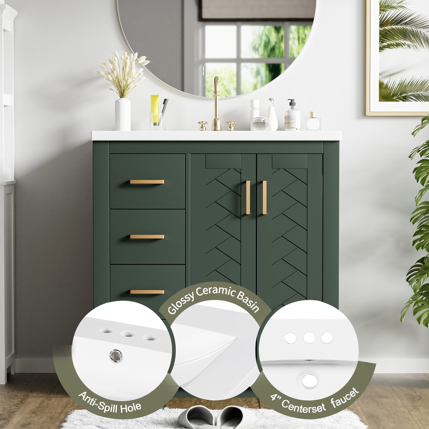 30'' Bathroom Vanity with Ceramic Sink Combo,Solid Wood Frame Bathroom Storage Cabinet, Freestanding Vanity Set with 3 Drawers& Soft Closing Doors