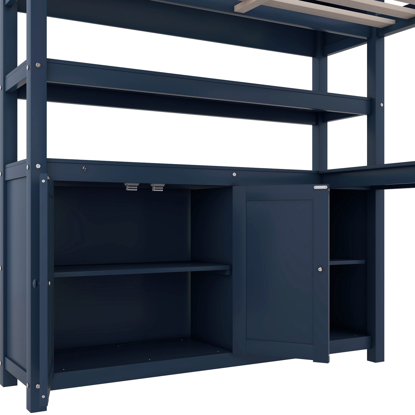 Wood Loft Bed with Cabinet and Bookshelf, Full Size Loft with Wardrobe and Desk for Kids,Dark Blue(Expect Arrival Date 2024/8/25)