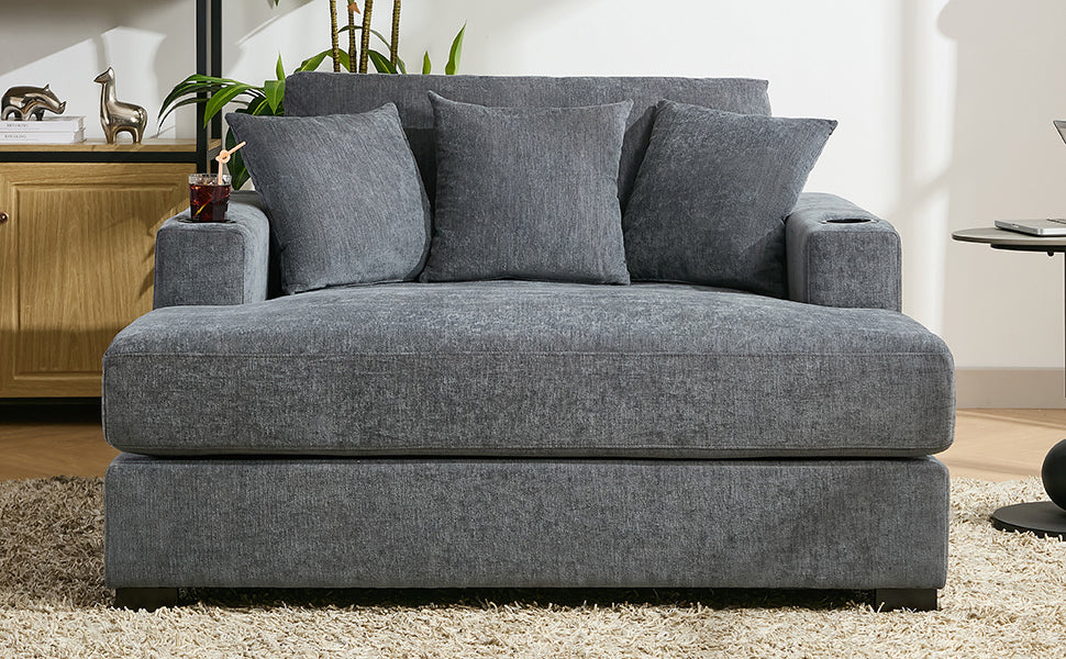 55" Oversized Chaise Lounger Modern Style Sofa Couch ,with Pillows, Charge Station & Cup Holders, Chenille Fabric, Blue Gray