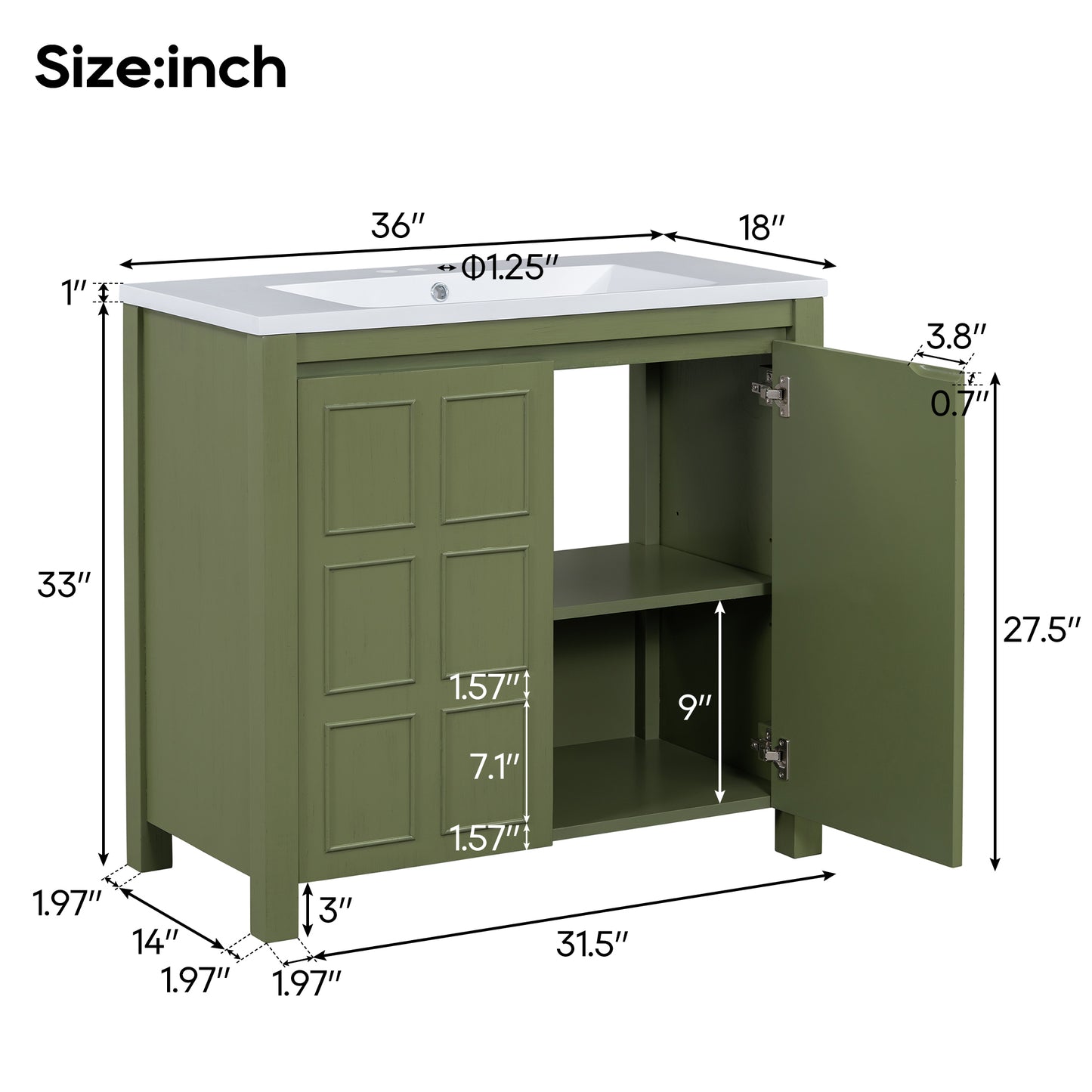 36" Bathroom Vanity Organizer with Sink, Combo Cabinet Set, Bathroom Storage Cabinet, Olive Green