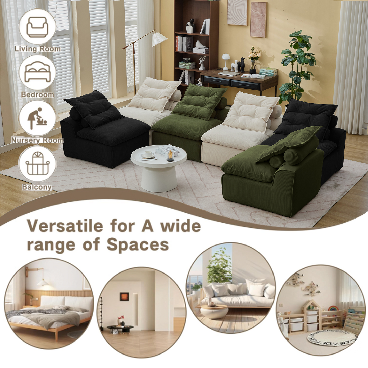 [NEW ARRIVED] [VIDEO PROVIDED]Modular Sofa,No Armrests,At will DIY,Corduroy ,Neck Pillow-Back Lounge Sofa Chair,Reading Nook, or Apartment Living, Lumbar Pillow,6 Seats,Upholstered,Beige,Green ,Black