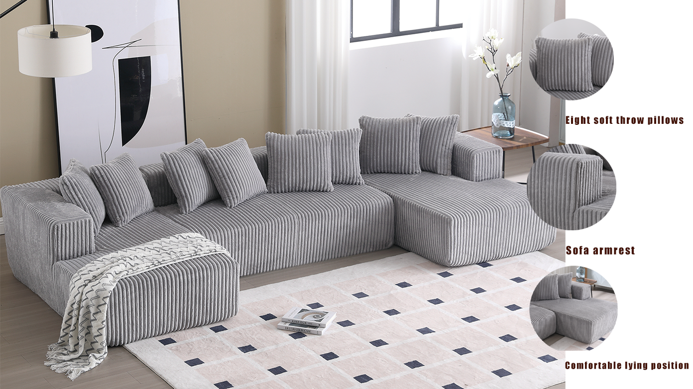 [NEW ARRIVED] [VIDEO PROVIDED]131'' Modular Sectional Couch, U-shaped sofa , Chaise Lounge, Striped fabric,Upholstered 4 Seater Couch for Living Room, Bedroom, Free Combination Sofa (Corduroy), Gray