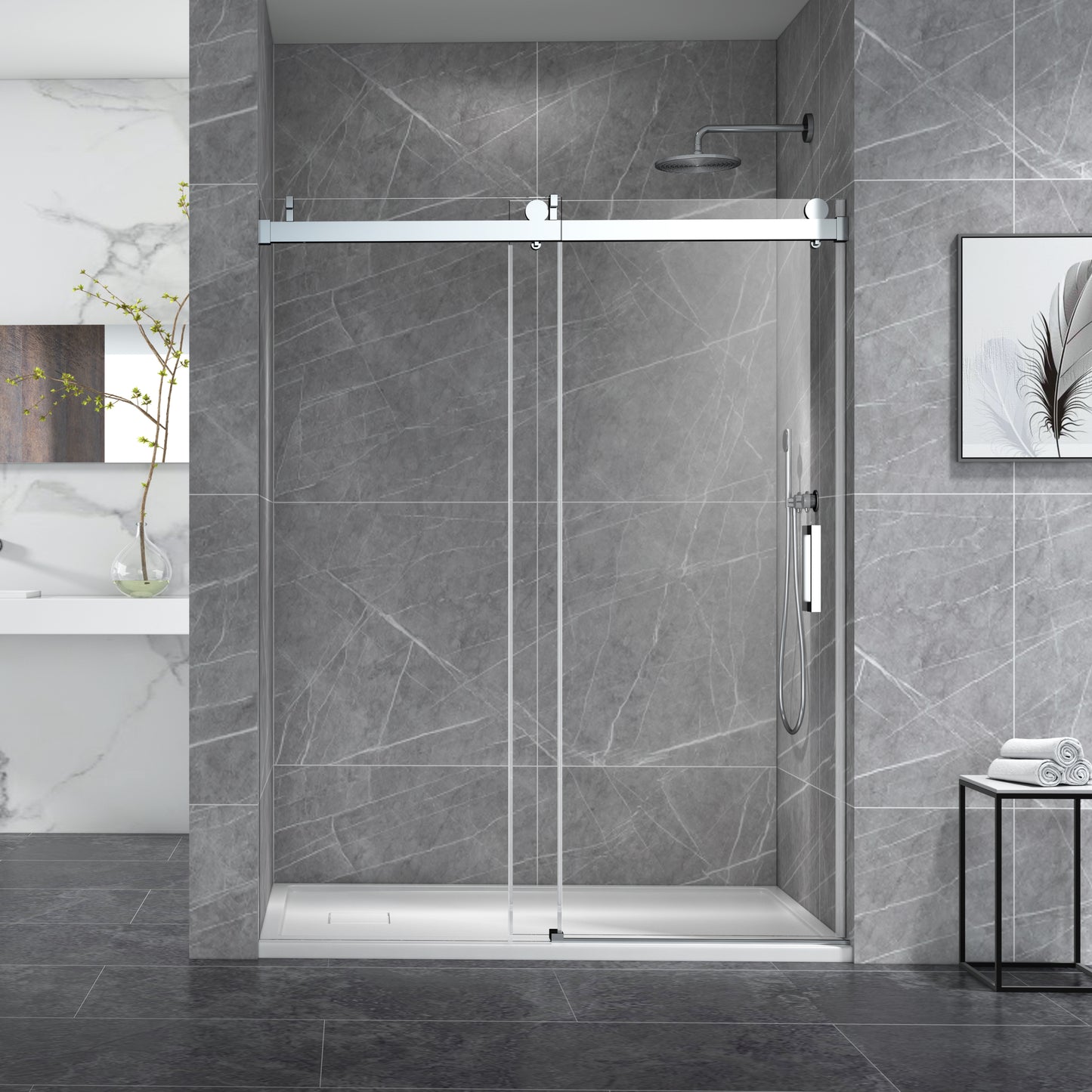 56-60 x 76 Inch Single Sliding Frameless Shower Door in Brushed Nickel with Soft-Closing and 3/8 Inch Clear Glass