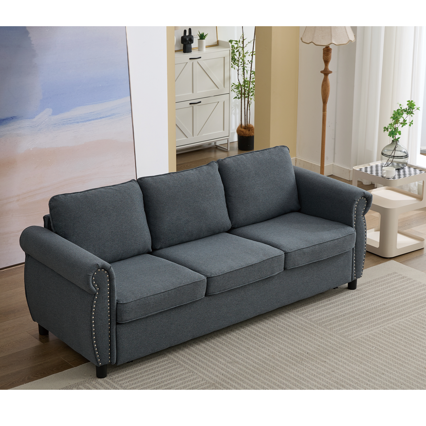 [NEW ARRIVED] [VIDEO PROVIDED] 81.5" 2-in-1 Queen  Convertible Sleeper Sofa Bed,  Pull Out Couch Bed,3 seater sofa bed,with 3.35" Memory Foam Mattress ,Rivet handrail,Living Room, Apartment, Dark Gray